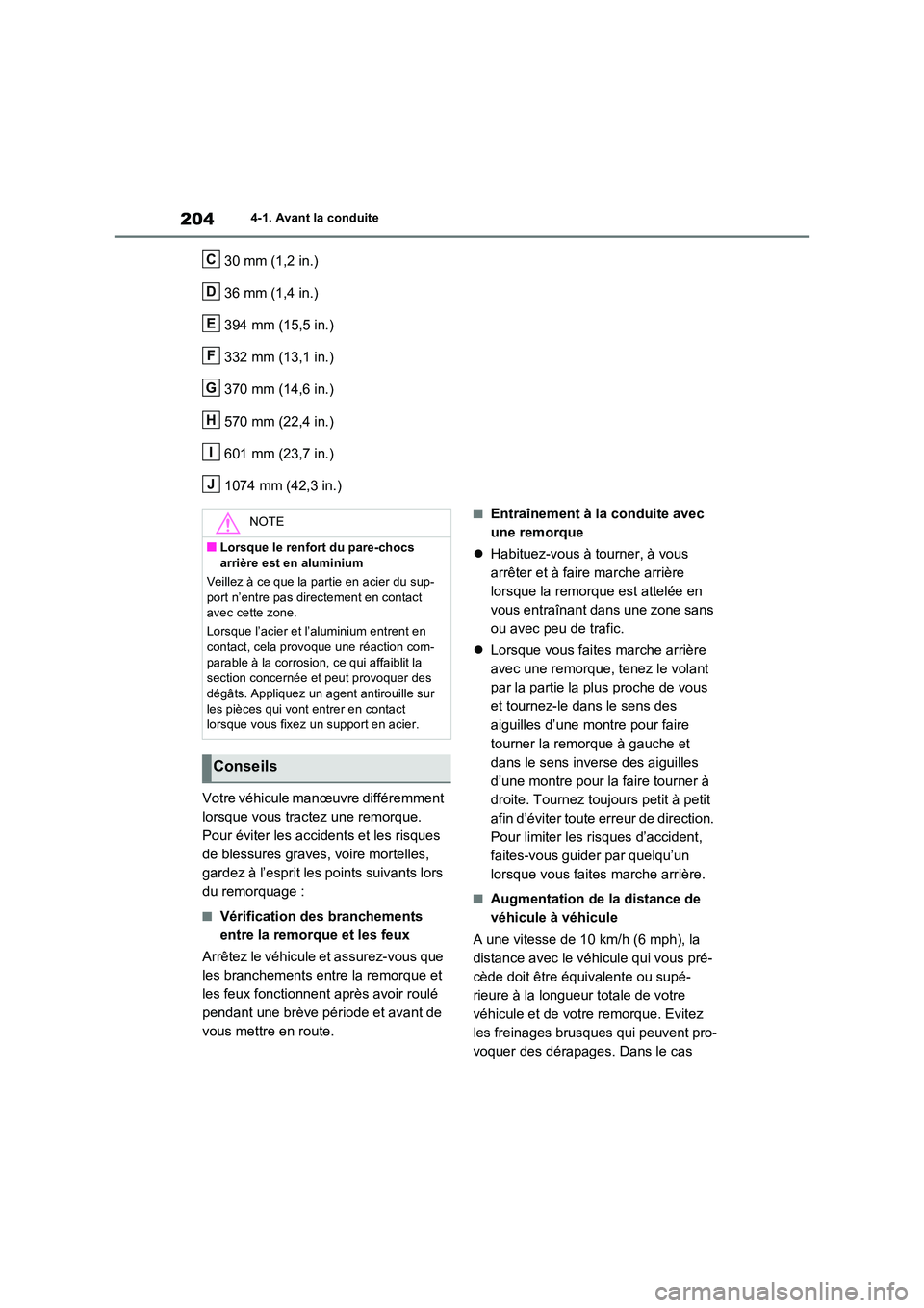 TOYOTA RAV4 2022  Manuel du propriétaire (in French) 2044-1. Avant la conduite
30 mm (1,2 in.) 
36 mm (1,4 in.) 
394 mm (15,5 in.) 
332 mm (13,1 in.)
370 mm (14,6 in.) 
570 mm (22,4 in.) 
601 mm (23,7 in.)
1074 mm (42,3 in.) 
Votre véhicule manœuvre d