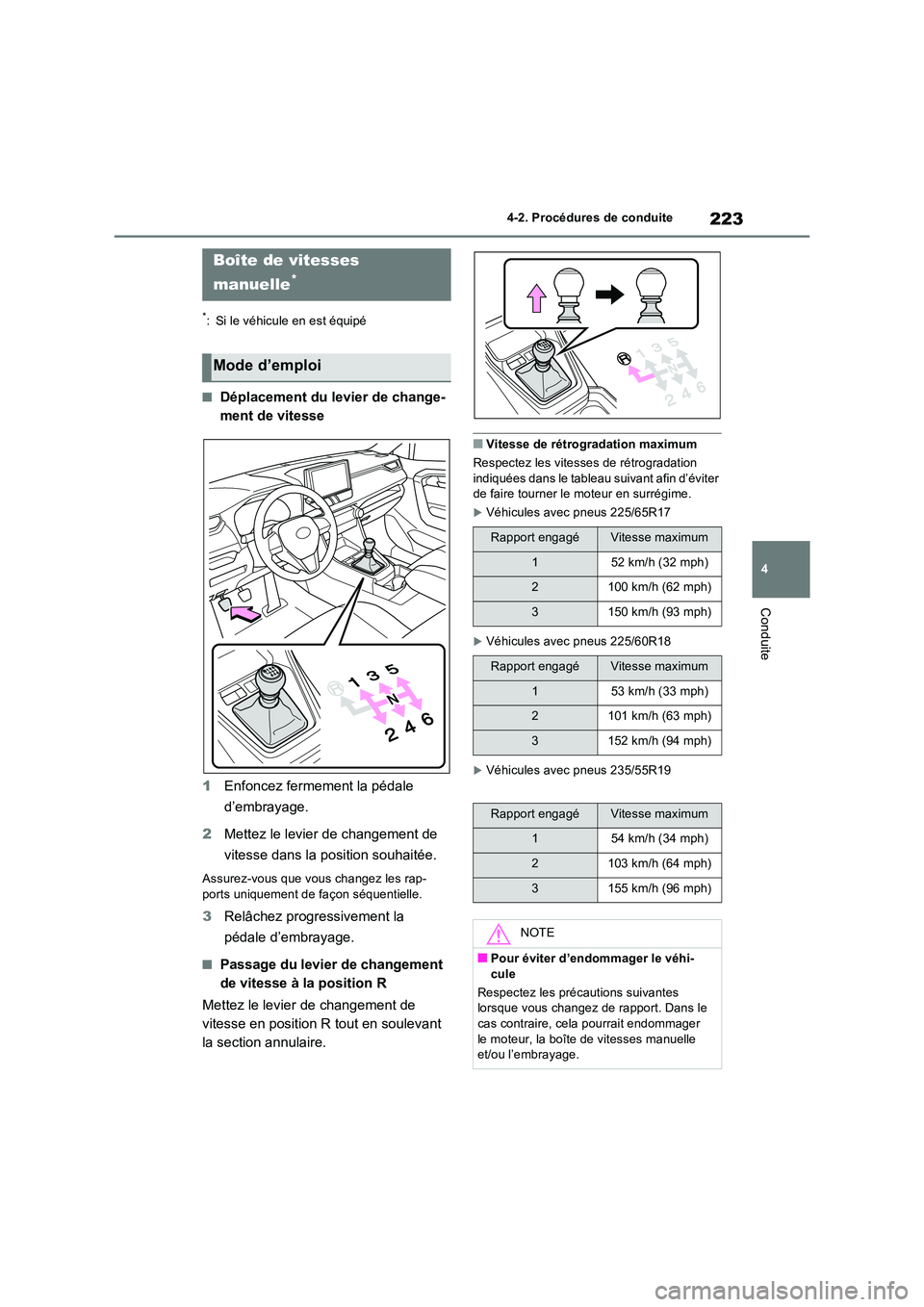 TOYOTA RAV4 2022  Manuel du propriétaire (in French) 223
4 
4-2. Procédures de conduite
Conduite
*: Si le véhicule en est équipé
�QDéplacement du levier de change- 
ment de vitesse 
1 Enfoncez fermement la pédale  
d’embrayage. 
2 Mettez le levi