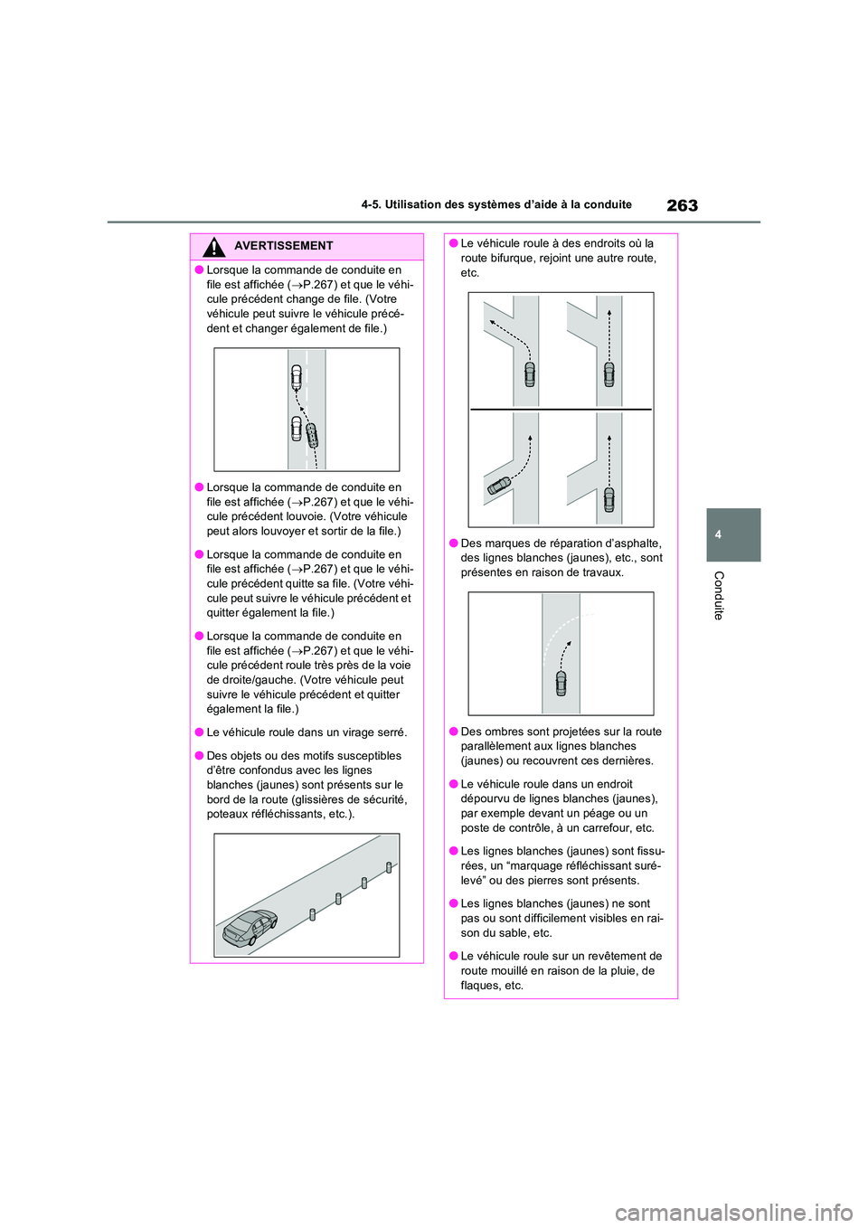 TOYOTA RAV4 2022  Manuel du propriétaire (in French) 263
4 
4-5. Utilisation des systèmes d’aide à la conduite
Conduite
AVERTISSEMENT
�OLorsque la commande de conduite en  
file est affichée ( P.267) et que le véhi- cule précédent change de f