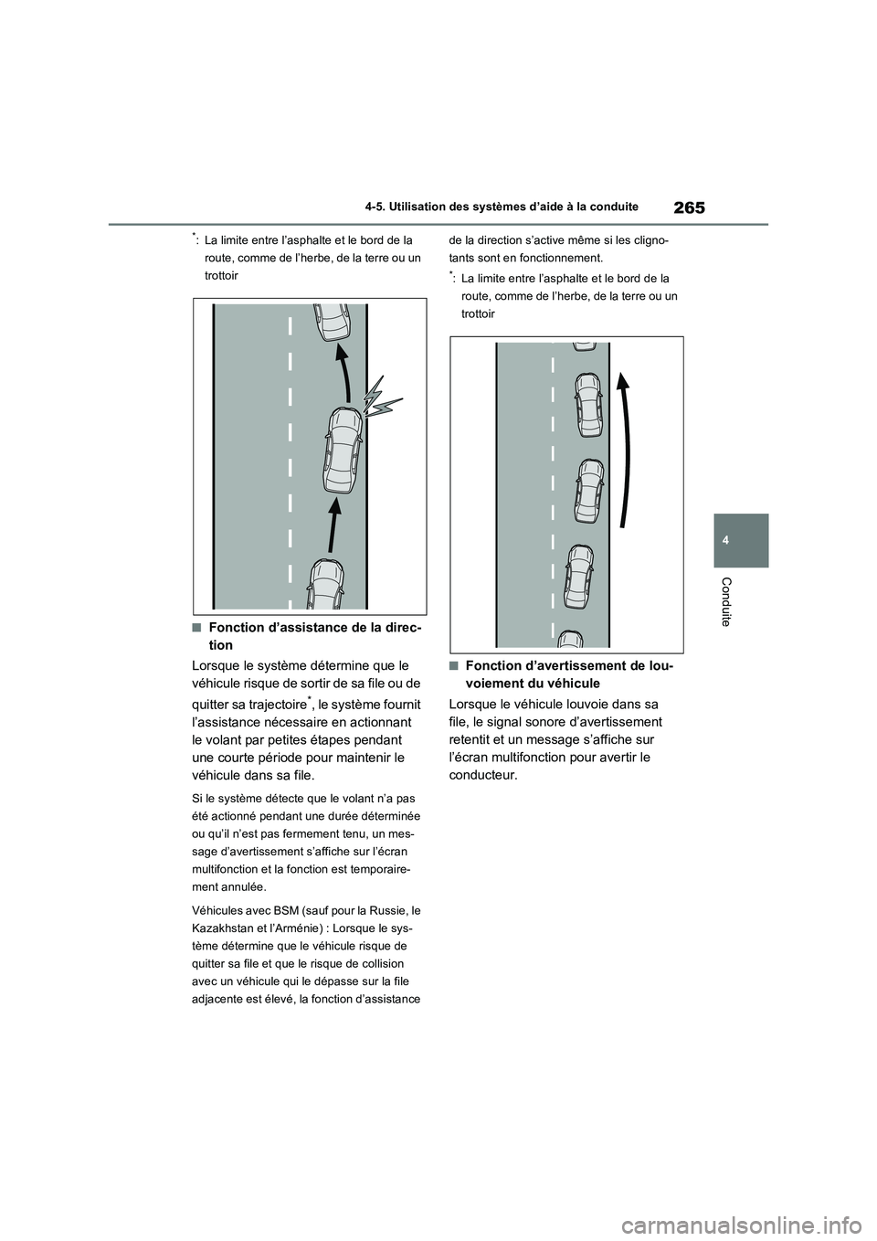 TOYOTA RAV4 2022  Manuel du propriétaire (in French) 265
4 4-5. Utilisation des systèmes d’aide à la conduite
Conduite
*: La limite entre l’asphalte et le bord de la 
route, comme de l’herbe, de la terre ou un 
trottoir
�QFonction d’assistance