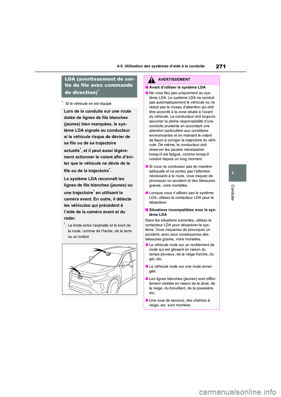 TOYOTA RAV4 2022 Manuel du propriétaire (in French) 271
4
4-5. Utilisation des systèmes d’aide à la conduite
Conduite
*: Si le véhicule en est équipé
LDA (avertissement de sor-
tie de file avec commande
de direction)*
Lors de la conduite sur TOYOTA RAV4 2022 Manuel du propriétaire (in French) 271
4
4-5. Utilisation des systèmes d’aide à la conduite
Conduite
*: Si le véhicule en est équipé
LDA (avertissement de sor-
tie de file avec commande
de direction)*
Lors de la conduite sur