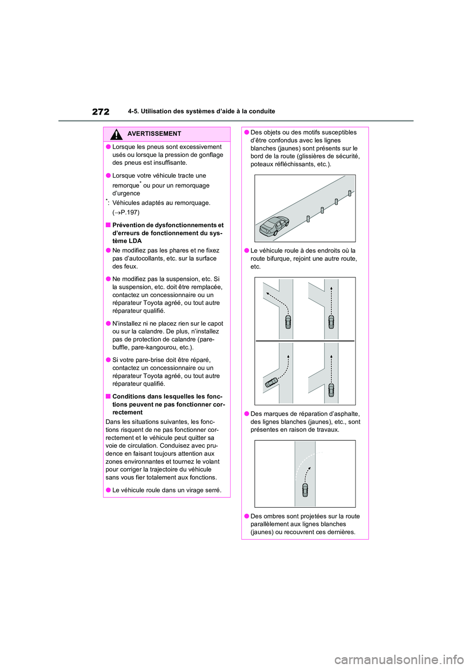 TOYOTA RAV4 2022  Manuel du propriétaire (in French) 2724-5. Utilisation des systèmes d’aide à la conduite
AVERTISSEMENT
�OLorsque les pneus sont excessivement  
usés ou lorsque la pression de gonflage  des pneus est insuffisante.
�OLorsque votre v