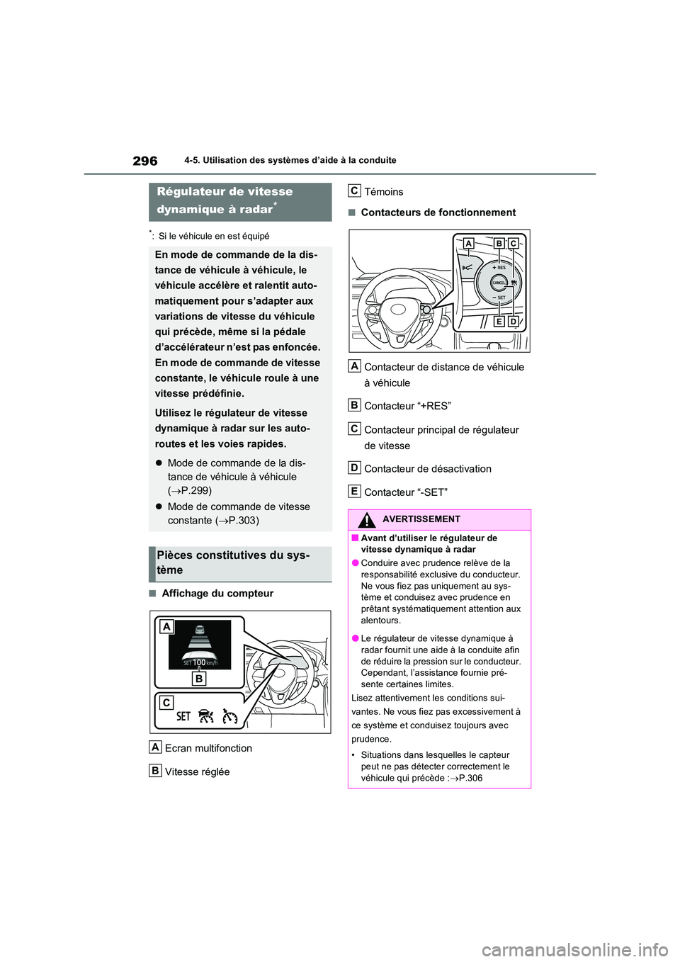 TOYOTA RAV4 2022  Manuel du propriétaire (in French) 2964-5. Utilisation des systèmes d’aide à la conduite
*: Si le véhicule en est équipé
�QAffichage du compteur 
Ecran multifonction 
Vitesse réglée 
Témoins
�QContacteurs de fonctionnement 
C