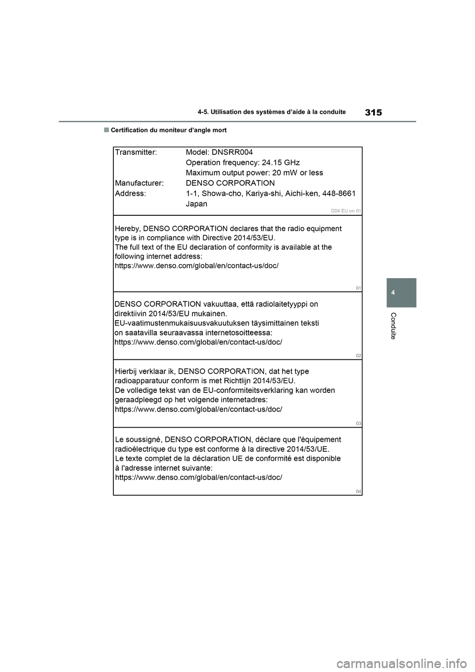 TOYOTA RAV4 2022  Manuel du propriétaire (in French) 315
4 4-5. Utilisation des systèmes d’aide à la conduite
Conduite
�QCertification du moniteur d’angle mort 