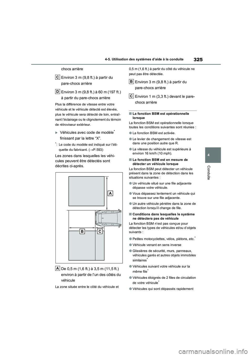 TOYOTA RAV4 2022  Manuel du propriétaire (in French) 325
4 
4-5. Utilisation des systèmes d’aide à la conduite
Conduite
chocs arrière 
Environ 3 m (9,8 ft.) à partir du  
pare-chocs arrière 
Environ 3 m (9,8 ft.) à 60 m (197 ft.)  
à partir du 