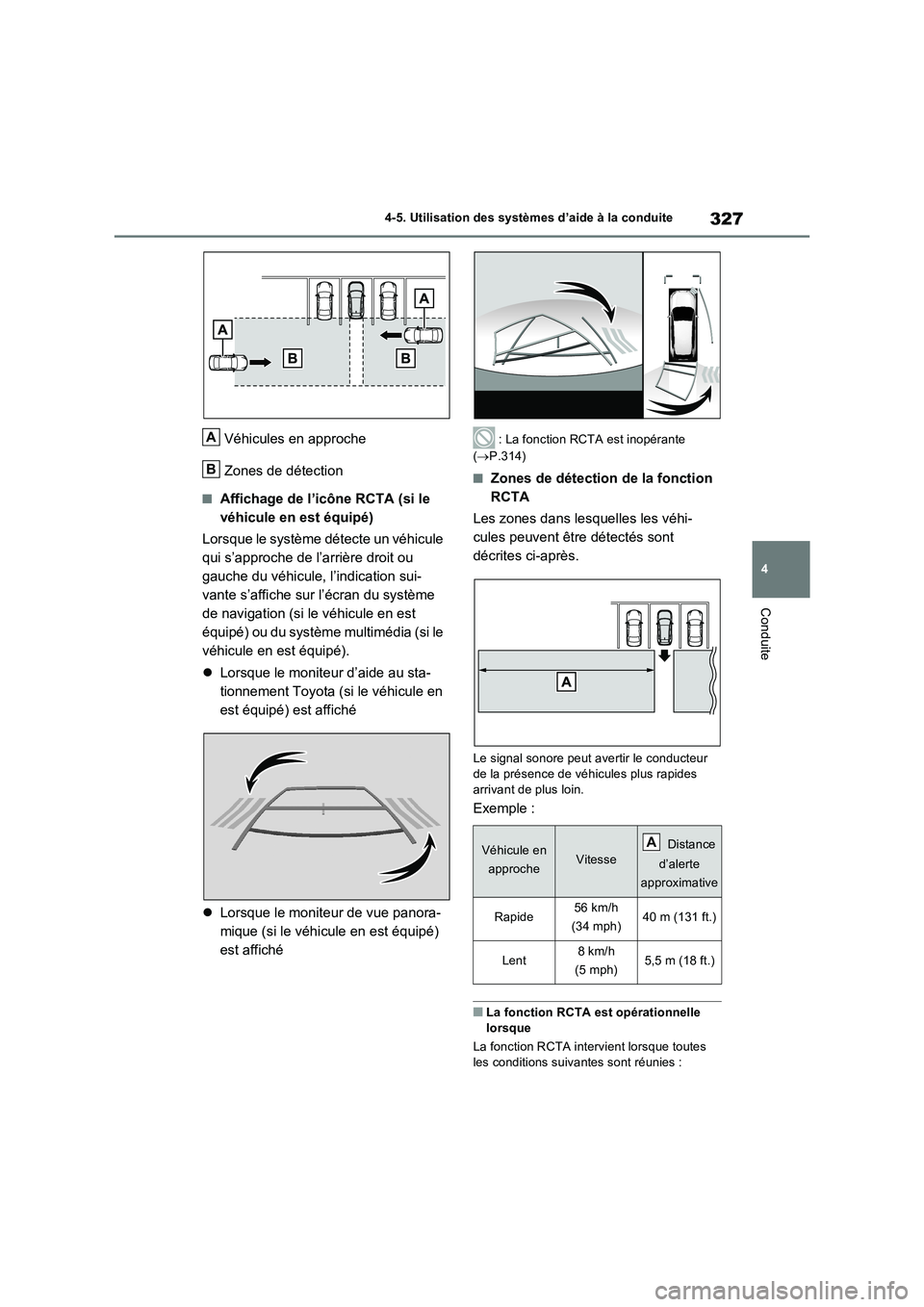 TOYOTA RAV4 2022  Manuel du propriétaire (in French) 327
4 4-5. Utilisation des systèmes d’aide à la conduite
Conduite
Véhicules en approche
Zones de détection
�QAffichage de l’icône RCTA (si le 
véhicule en est équipé)
Lorsque le système d