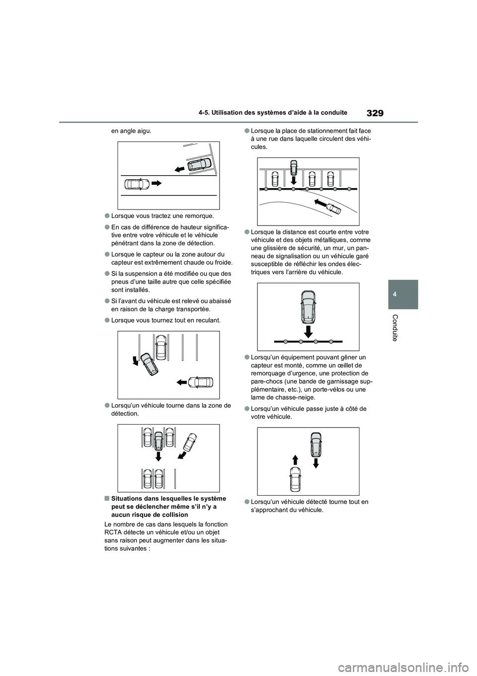 TOYOTA RAV4 2022  Manuel du propriétaire (in French) 329
4 4-5. Utilisation des systèmes d’aide à la conduite
Conduite
en angle aigu.
�OLorsque vous tractez une remorque.
�OEn cas de différence de hauteur significa-
tive entre votre véhicule et le