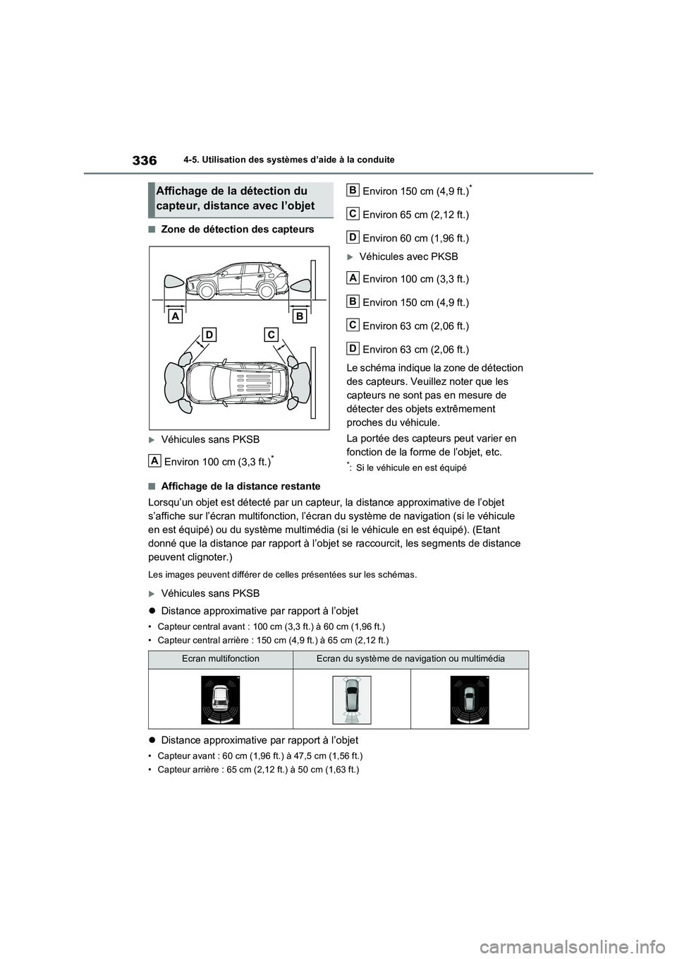TOYOTA RAV4 2022  Manuel du propriétaire (in French) 3364-5. Utilisation des systèmes d’aide à la conduite
�QZone de détection des capteurs
Véhicules sans PKSB
Environ 100 cm (3,3 ft.)
*
Environ 150 cm (4,9 ft.)*
Environ 65 cm (2,12 ft.)
Enviro