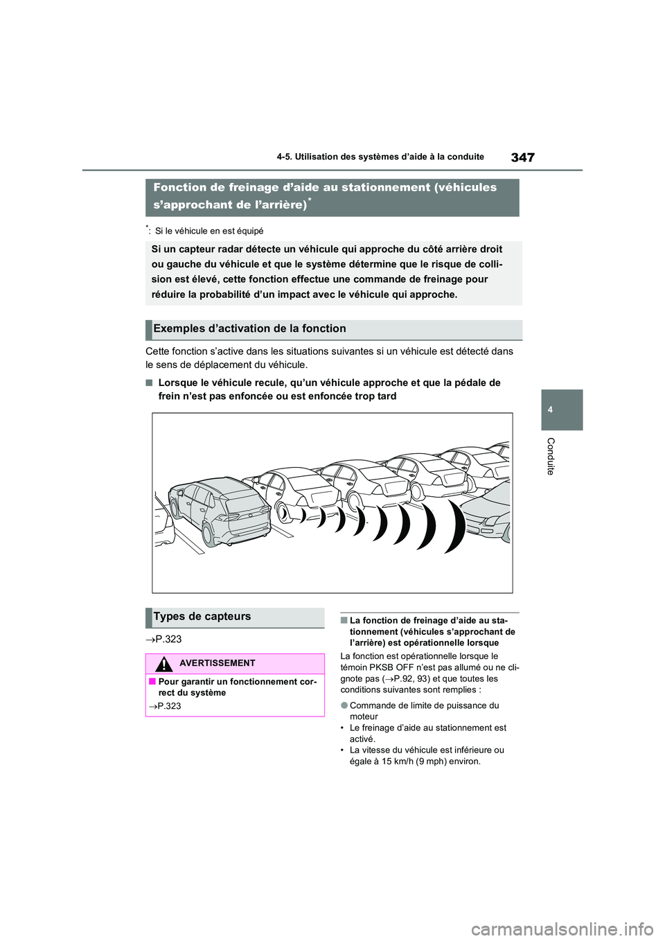 TOYOTA RAV4 2022  Manuel du propriétaire (in French) 347
4 
4-5. Utilisation des systèmes d’aide à la conduite
Conduite
*: Si le véhicule en est équipé
Cette fonction s’active dans les situations suivantes si un véhicule est détecté dans  
l