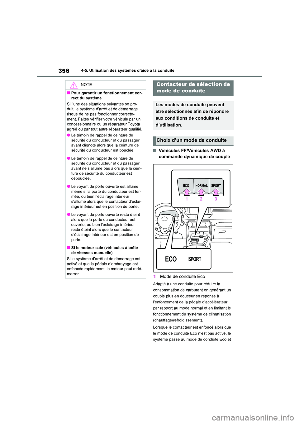 TOYOTA RAV4 2022  Manuel du propriétaire (in French) 3564-5. Utilisation des systèmes d’aide à la conduite
�QVéhicules FF/Véhicules AWD à  
commande dynamique de couple 
1 Mode de conduite Eco
Adapté à une conduite pour réduire la  
consommati