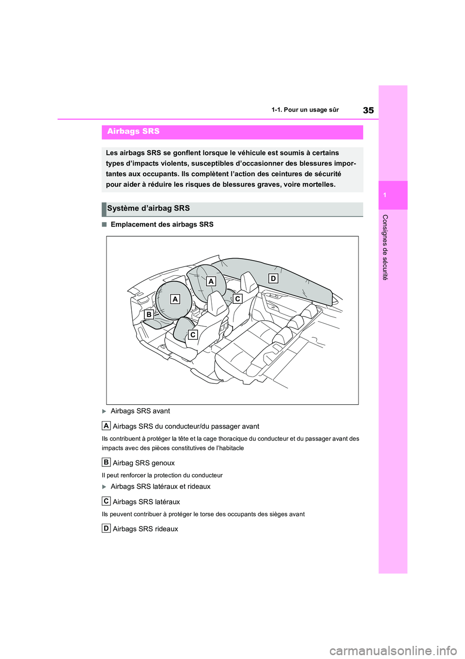 TOYOTA RAV4 2022  Manuel du propriétaire (in French) 35
1 
1-1. Pour un usage sûr
Consignes de sécurité
�QEmplacement des airbags SRS
Airbags SRS avant 
Airbags SRS du conducteur/du passager avant
Ils contribuent à protéger la tête et la cage  