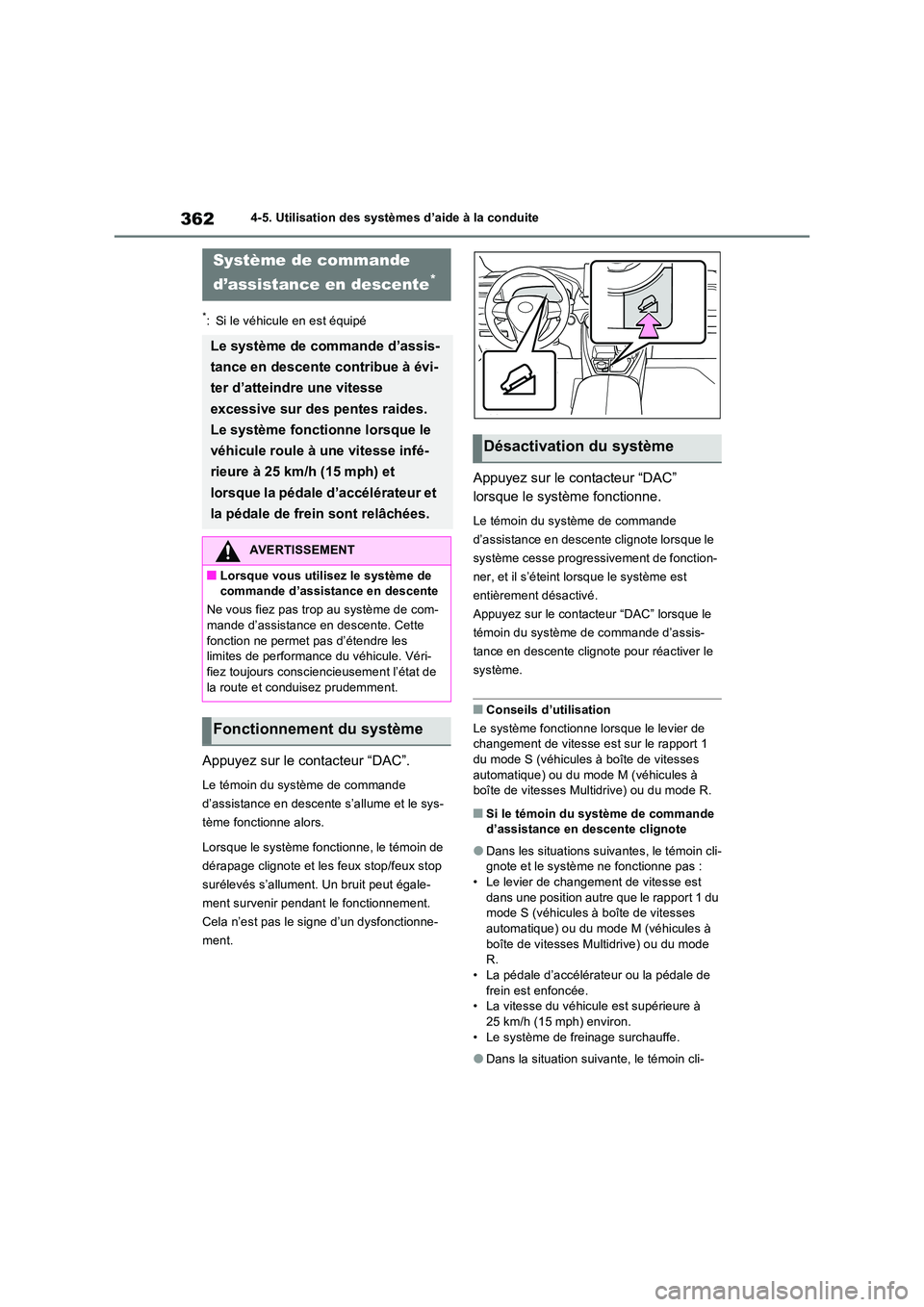 TOYOTA RAV4 2022  Manuel du propriétaire (in French) 3624-5. Utilisation des systèmes d’aide à la conduite
*: Si le véhicule en est équipé
Appuyez sur le contacteur “DAC”.
Le témoin du système de commande  
d’assistance en descente s’al