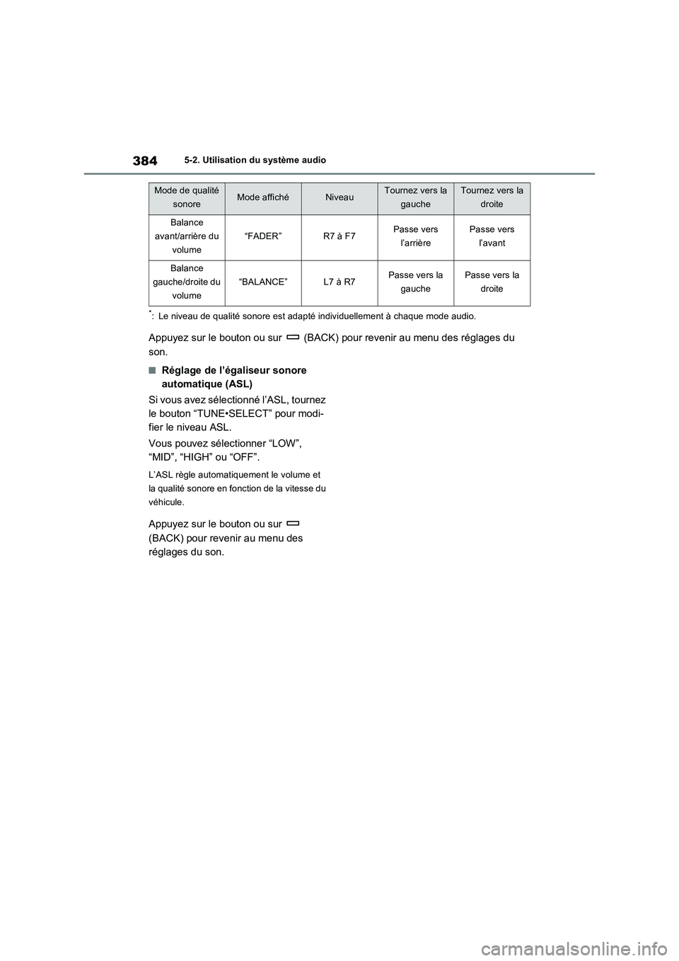 TOYOTA RAV4 2022  Manuel du propriétaire (in French) 3845-2. Utilisation du système audio
*: Le niveau de qualité sonore est adapté individuellement à chaque mode audio.
Appuyez sur le bouton ou sur   (BACK) pour revenir au menu des réglages du 
so