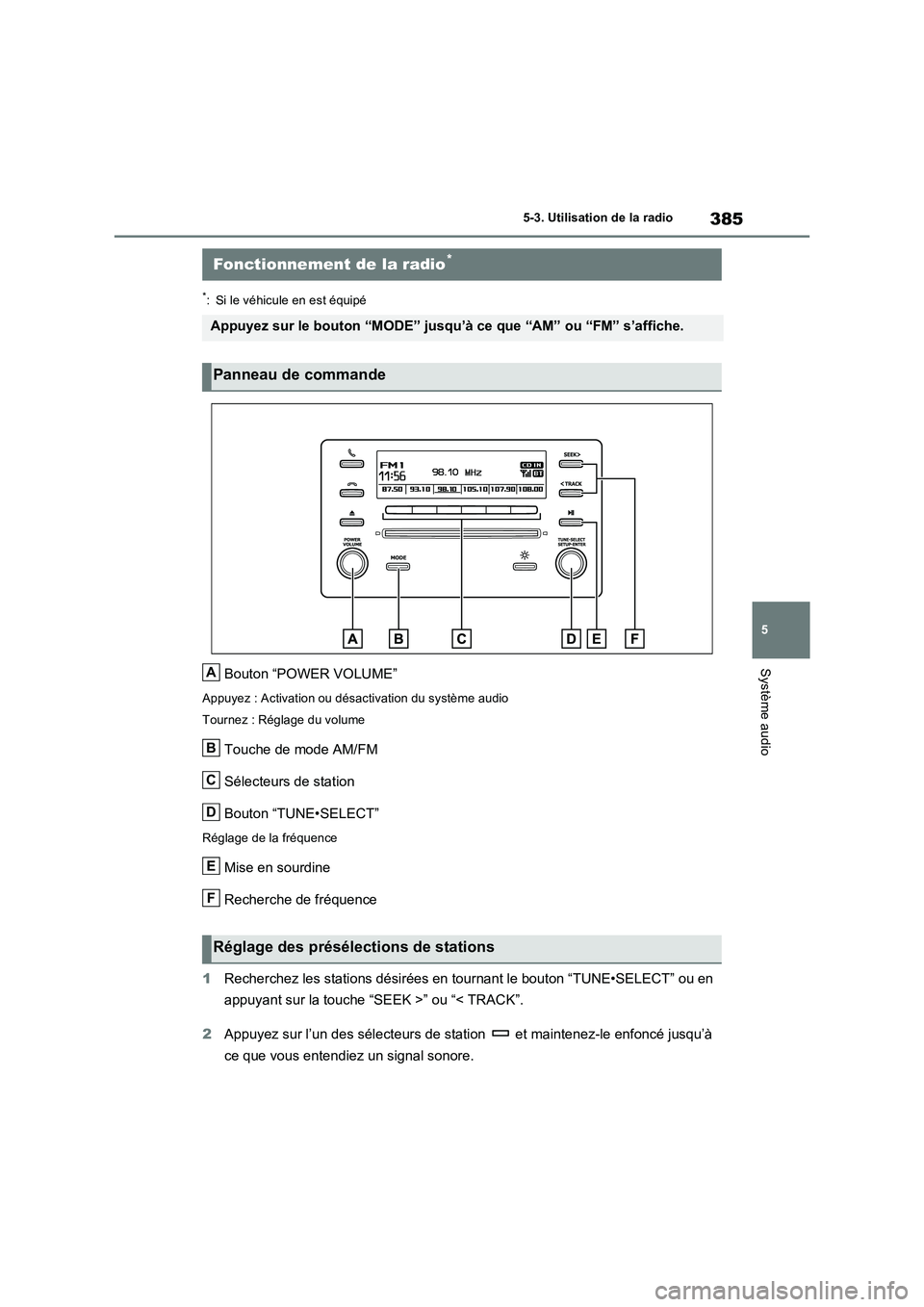 TOYOTA RAV4 2022  Manuel du propriétaire (in French) 385
5 5-3. Utilisation de la radio
Système audio
5-3.Utilisation de la radio
*: Si le véhicule en est équipé
Bouton “POWER VOLUME”
Appuyez : Activation ou désactivation du système audio
Tour