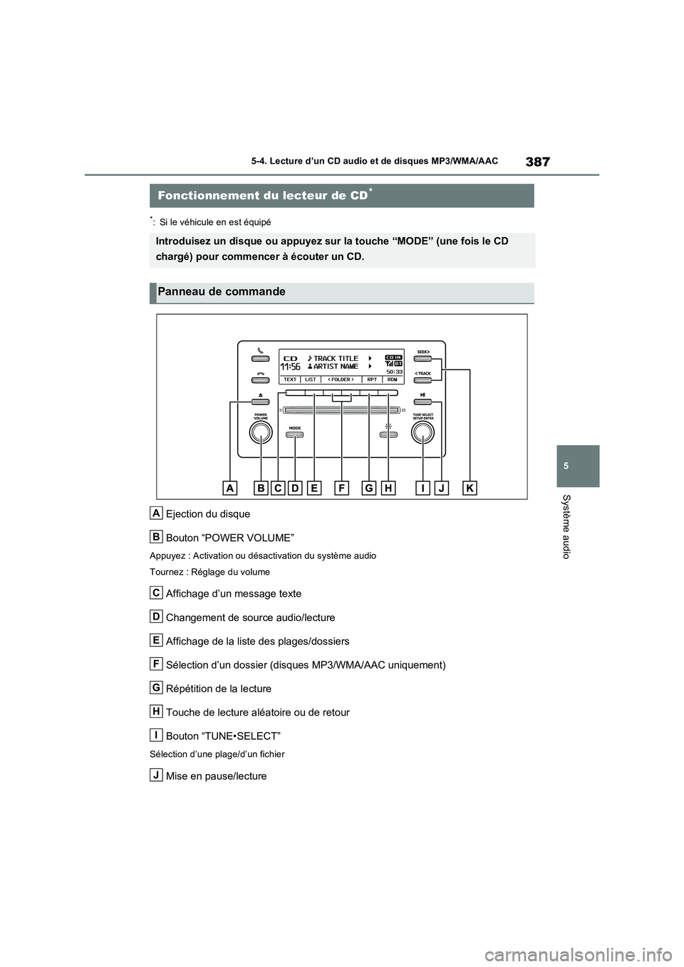TOYOTA RAV4 2022  Manuel du propriétaire (in French) 387
5 5-4. Lecture d’un CD audio et de disques MP3/WMA/AAC
Système audio
5-4.Lecture d’u n CD au dio  et de dis ques  MP3/WMA/AAC
*: Si le véhicule en est équipé
Ejection du disque
Bouton “P