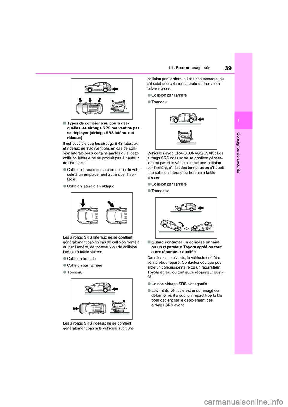 TOYOTA RAV4 2022  Manuel du propriétaire (in French) 39
1 
1-1. Pour un usage sûr
Consignes de sécurité
�QTypes de collisions au cours des- quelles les airbags SRS peuvent ne pas se déployer (airbags SRS latéraux et  
rideaux) 
Il est possible que 