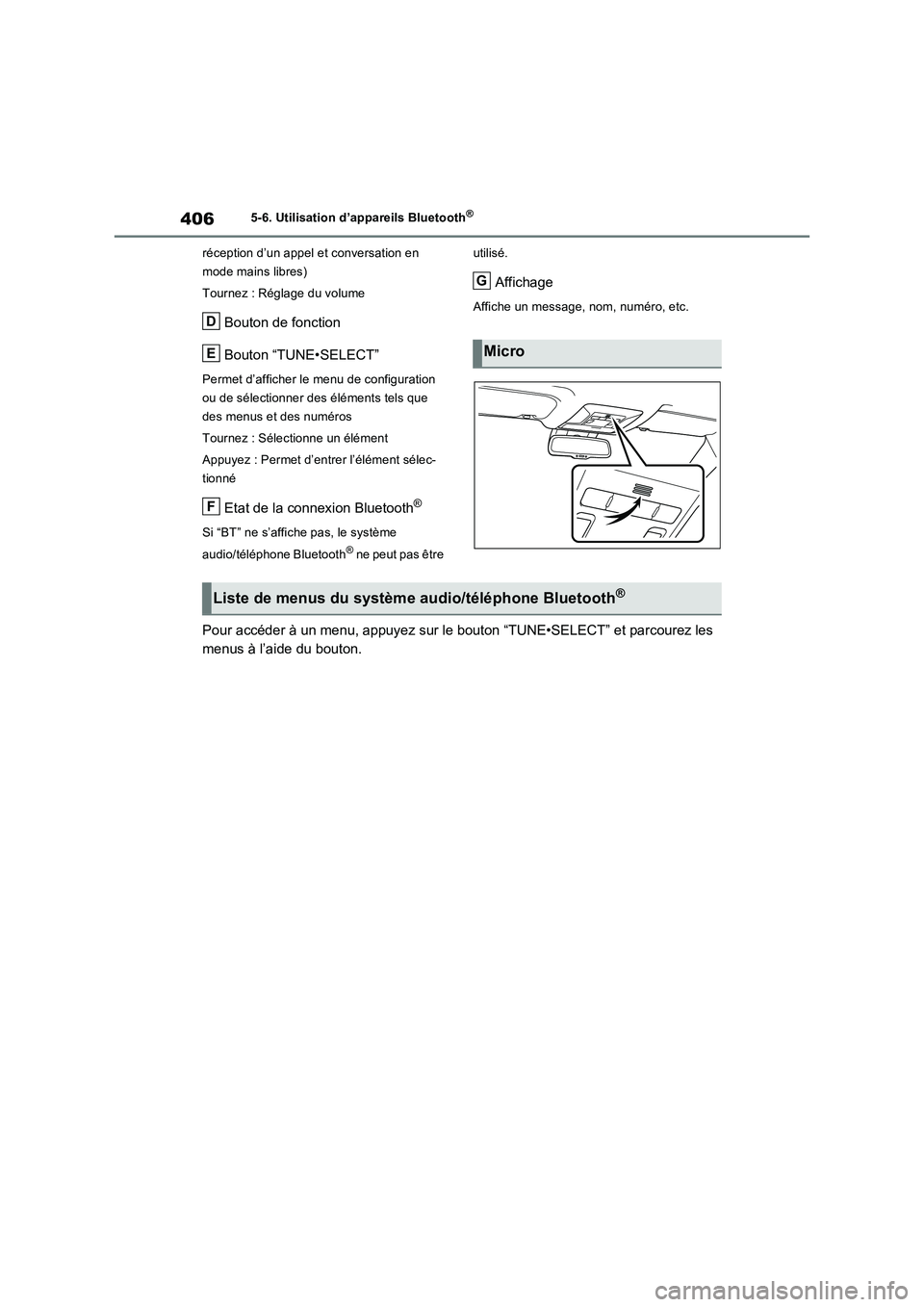 TOYOTA RAV4 2022  Manuel du propriétaire (in French) 4065-6. Utilisation d’appareils Bluetooth®
réception d’un appel et conversation en 
mode mains libres)
Tournez : Réglage du volume
Bouton de fonction
Bouton “TUNE•SELECT”
Permet d’affic