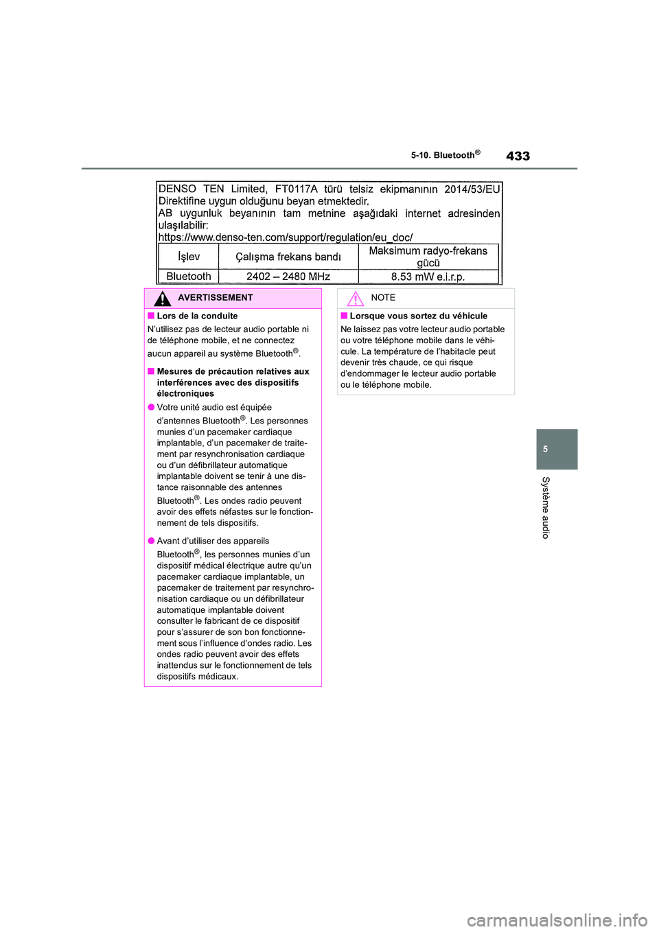TOYOTA RAV4 2022  Manuel du propriétaire (in French) 433
5 
5-10. Bluetooth®
Système audio
AVERTISSEMENT
�QLors de la conduite 
N’utilisez pas de lecteur audio portable ni  de téléphone mobile, et ne connectez  
aucun appareil au système Bluetoot