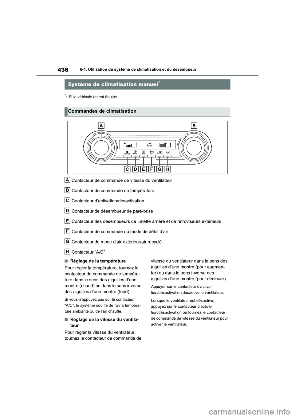 TOYOTA RAV4 2022  Manuel du propriétaire (in French) 4366-1. Utilisation du système de climatisation et du désembueur
6-1.Utilis ation  du  sys tè me  de  c limatisa tion  et du  dé sembue ur
*: Si le véhicule en est équipé
Contacteur de commande