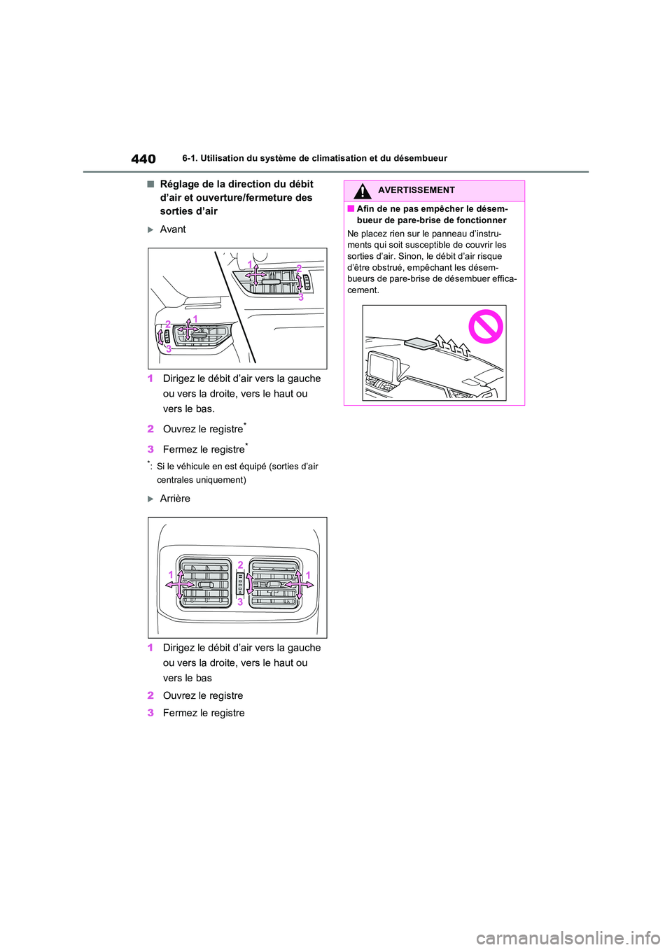 TOYOTA RAV4 2022  Manuel du propriétaire (in French) 4406-1. Utilisation du système de climatisation et du désembueur
�QRéglage de la direction du débit  
d’air et ouverture/fermeture des 
sorties d’air
Avant 
1 Dirigez le débit d’air vers