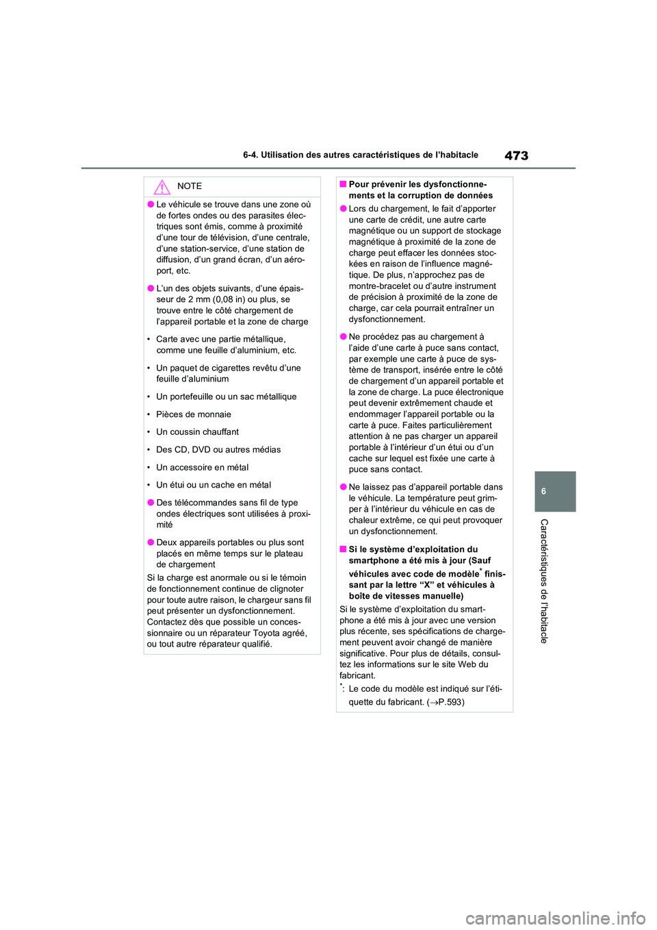 TOYOTA RAV4 2022  Manuel du propriétaire (in French) 473
6 
6-4. Utilisation des autres caractéristiques de l’habitacle
Caractéristiques de l’habitacle
NOTE
�OLe véhicule se trouve dans une zone où  
de fortes ondes ou des parasites élec- triqu