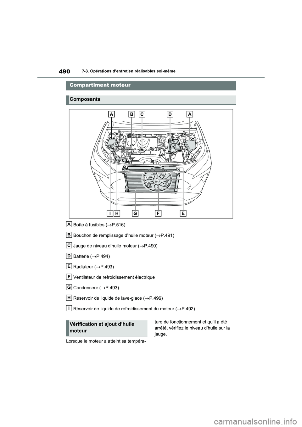 TOYOTA RAV4 2022  Manuel du propriétaire (in French) 4907-3. Opérations d’entretien réalisables soi-même
Boîte à fusibles (P.516)
Bouchon de remplissage d’huile moteur (P.491)
Jauge de niveau d’huile moteur (P.490)
Batterie (P.494