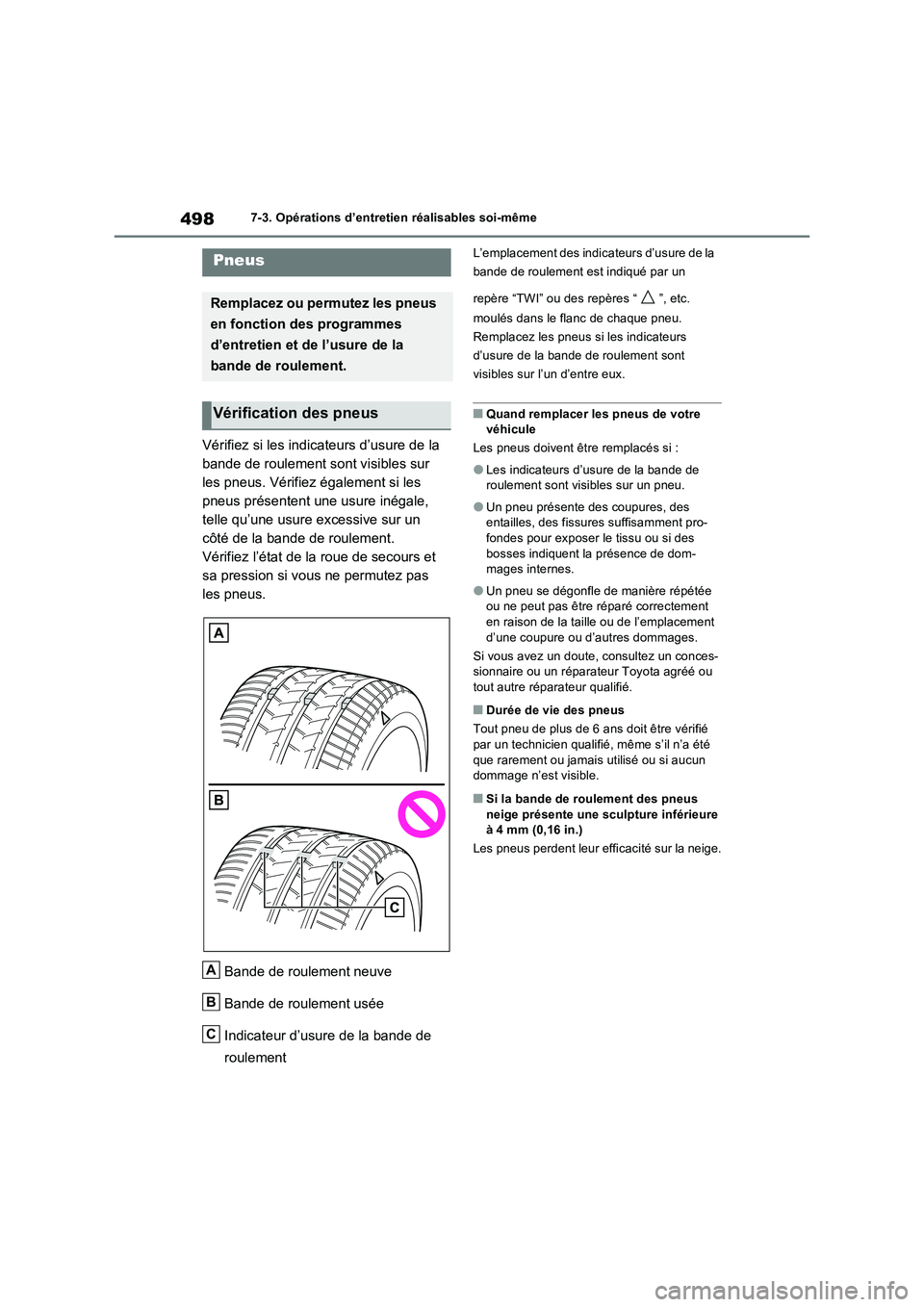 TOYOTA RAV4 2022  Manuel du propriétaire (in French) 4987-3. Opérations d’entretien réalisables soi-même
Vérifiez si les indicateurs d’usure de la 
bande de roulement sont visibles sur 
les pneus. Vérifiez également si les 
pneus présentent u