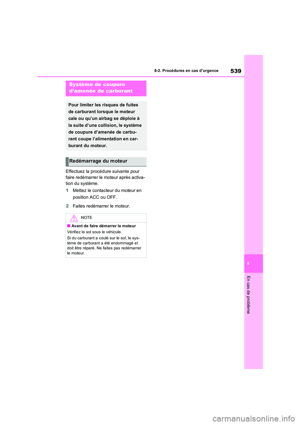 TOYOTA RAV4 2022  Manuel du propriétaire (in French) 539
8 
8-2. Procédures en cas d’urgence
En cas de problème
Effectuez la procédure suivante pour  
faire redémarrer le moteur après activa-
tion du système. 
1 Mettez le contacteur du moteur en