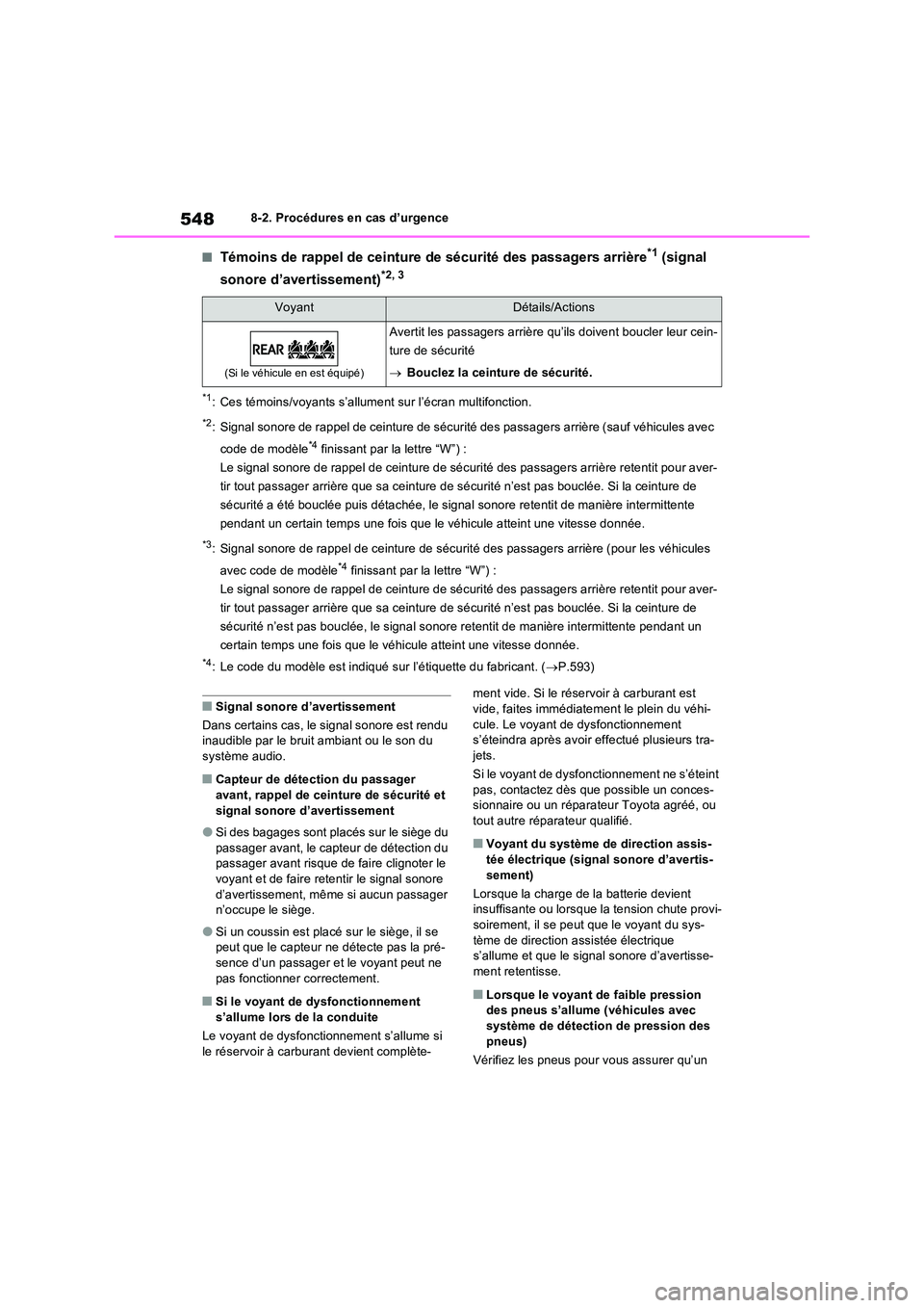 TOYOTA RAV4 2022  Manuel du propriétaire (in French) 5488-2. Procédures en cas d’urgence
�QTémoins de rappel de ceinture de sécurité des passagers arrière*1 (signal  
sonore d’avertissement)*2, 3
*1: Ces témoins/voyants s’allument sur l’é