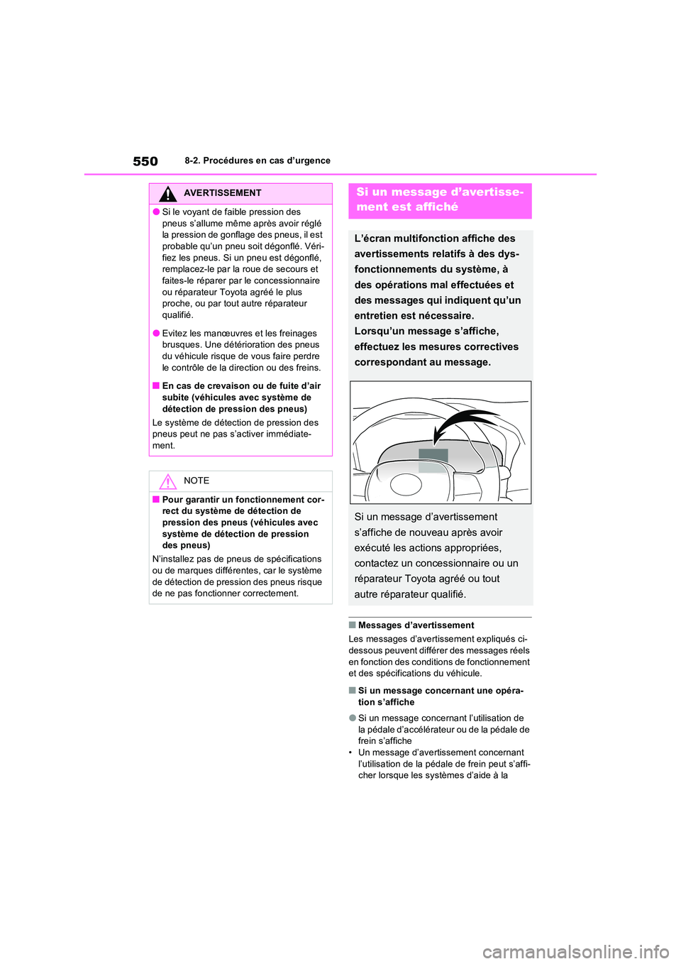 TOYOTA RAV4 2022  Manuel du propriétaire (in French) 5508-2. Procédures en cas d’urgence
�QMessages d’avertissement 
Les messages d’avertissement expliqués ci- 
dessous peuvent différ er des messages réels  en fonction des conditions de foncti