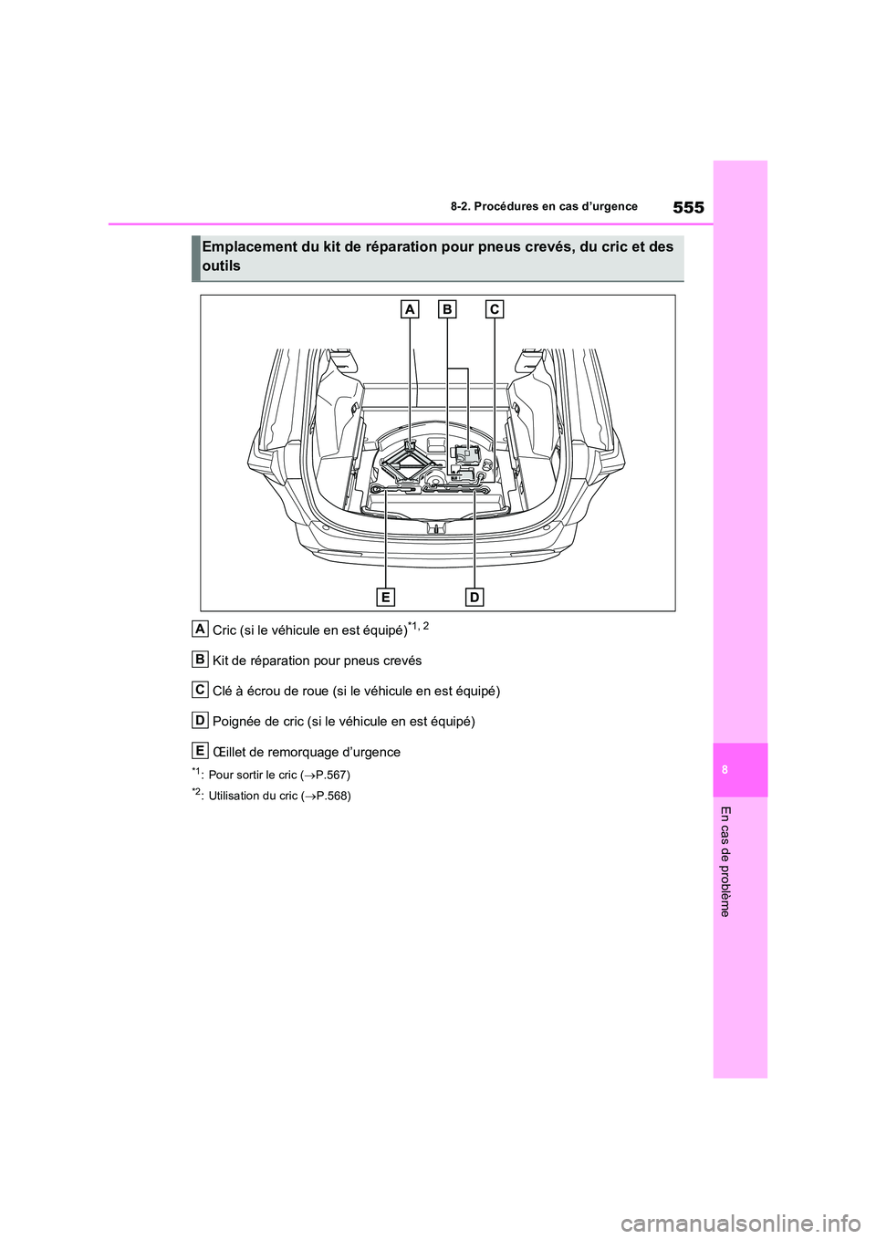 TOYOTA RAV4 2022  Manuel du propriétaire (in French) 555
8 
8-2. Procédures en cas d’urgence
En cas de problème
Cric (si le véhicule en est équipé)*1, 2
Kit de réparation pour pneus crevés 
Clé à écrou de roue (si le véhicule en est équip