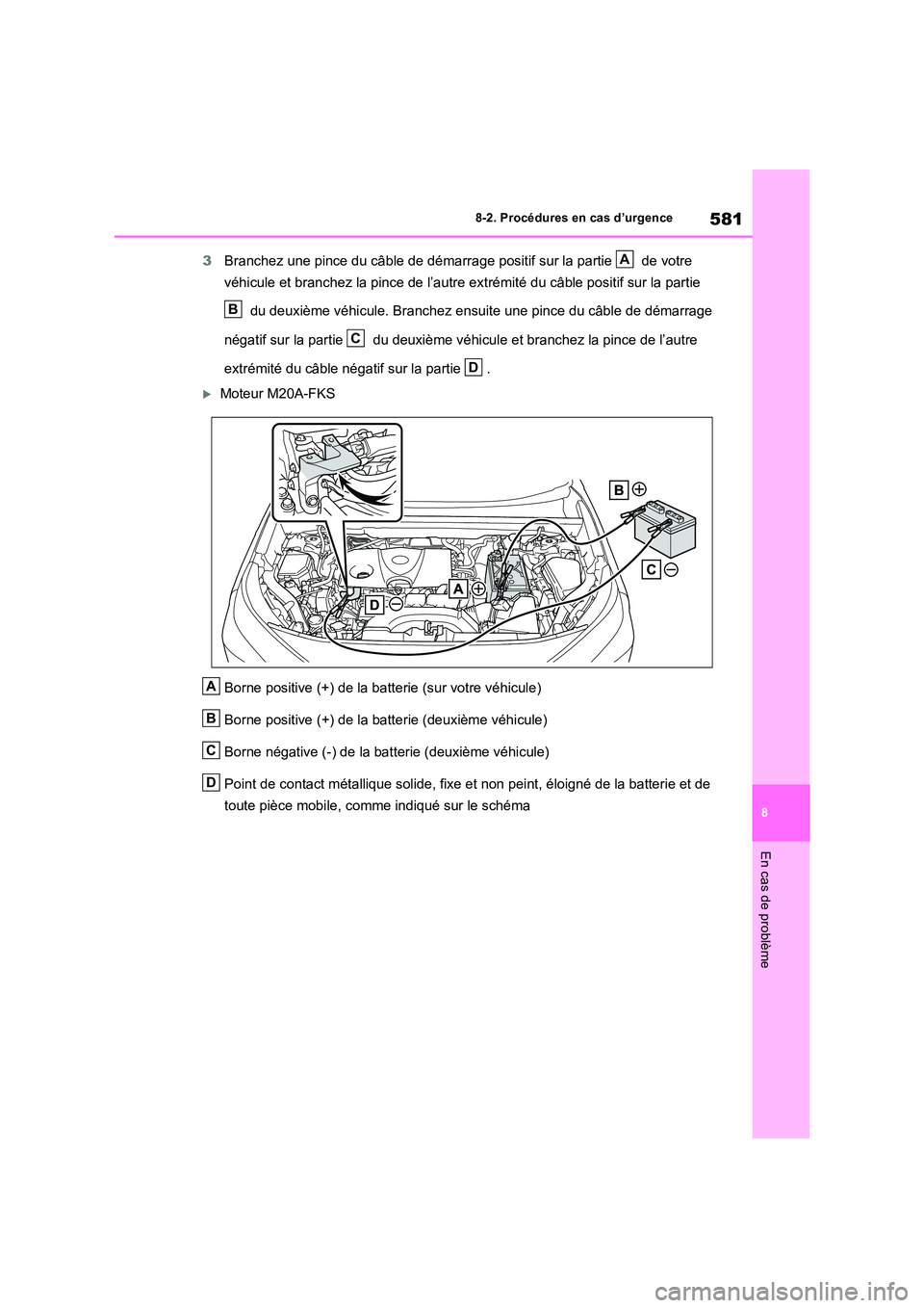 TOYOTA RAV4 2022 Manuel du propriétaire (in French) 581
8
8-2. Procédures en cas d’urgence
En cas de problème
3 Branchez une pince du câble de démarrage positif sur la partie de votre
véhicule et branchez la pince de l’autre extrémité d TOYOTA RAV4 2022 Manuel du propriétaire (in French) 581
8
8-2. Procédures en cas d’urgence
En cas de problème
3 Branchez une pince du câble de démarrage positif sur la partie de votre
véhicule et branchez la pince de l’autre extrémité d