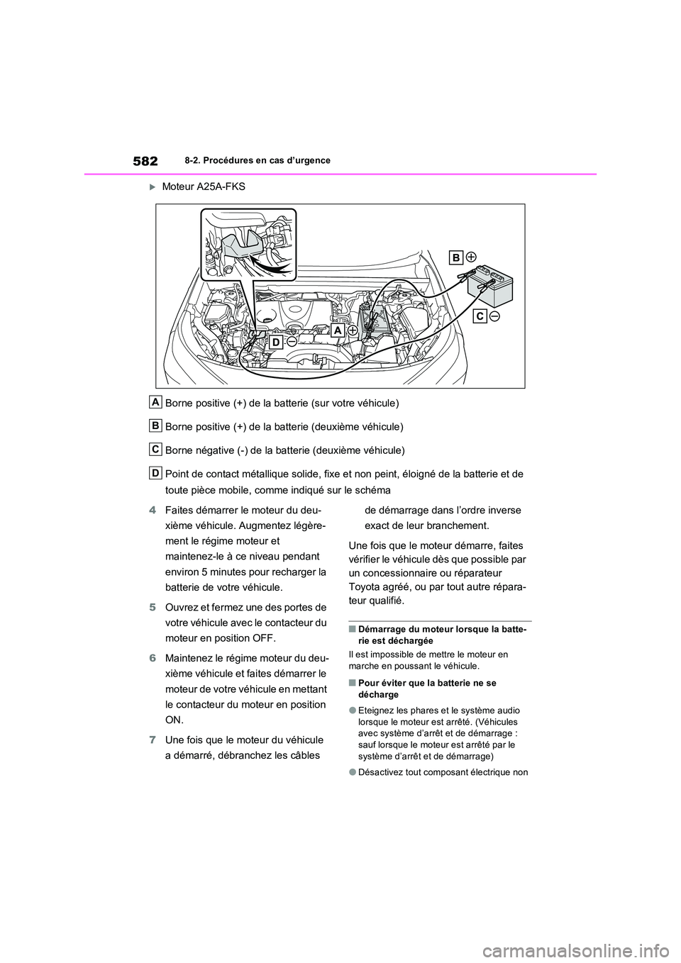 TOYOTA RAV4 2022 Manuel du propriétaire (in French) 5828-2. Procédures en cas d’urgence
Moteur A25A-FKS
Borne positive (+) de la batterie (sur votre véhicule)
Borne positive (+) de la batterie (deuxième véhicule)
Borne négative (-) de la b TOYOTA RAV4 2022 Manuel du propriétaire (in French) 5828-2. Procédures en cas d’urgence
Moteur A25A-FKS
Borne positive (+) de la batterie (sur votre véhicule)
Borne positive (+) de la batterie (deuxième véhicule)
Borne négative (-) de la b