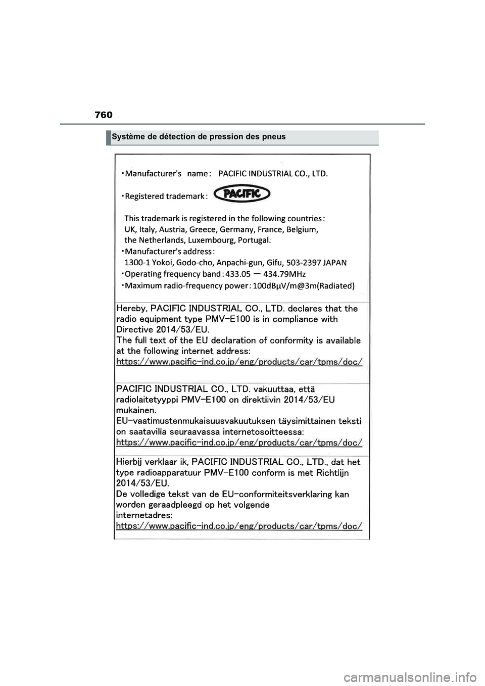 TOYOTA RAV4 2022 Manuel du propriétaire (in French) 760
Système de détection de pression des pneus TOYOTA RAV4 2022 Manuel du propriétaire (in French) 760
Système de détection de pression des pneus