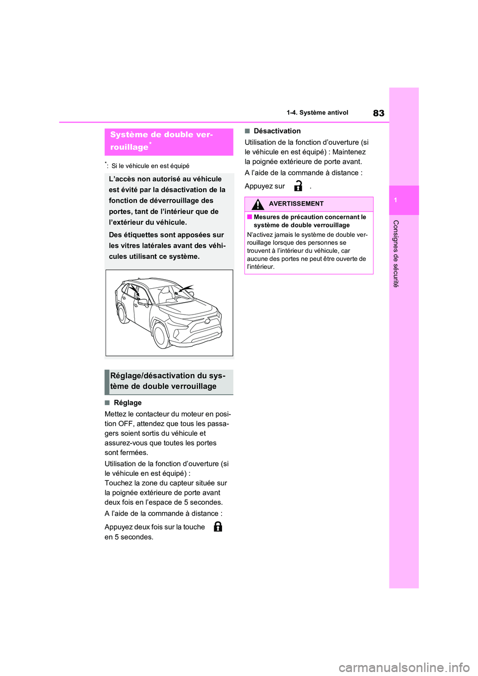 TOYOTA RAV4 2022  Manuel du propriétaire (in French) 83
1 
1-4. Système antivol
Consignes de sécurité
*: Si le véhicule en est équipé
�QRéglage 
Mettez le contacteur du moteur en posi- 
tion OFF, attendez que tous les passa-
gers soient sortis du