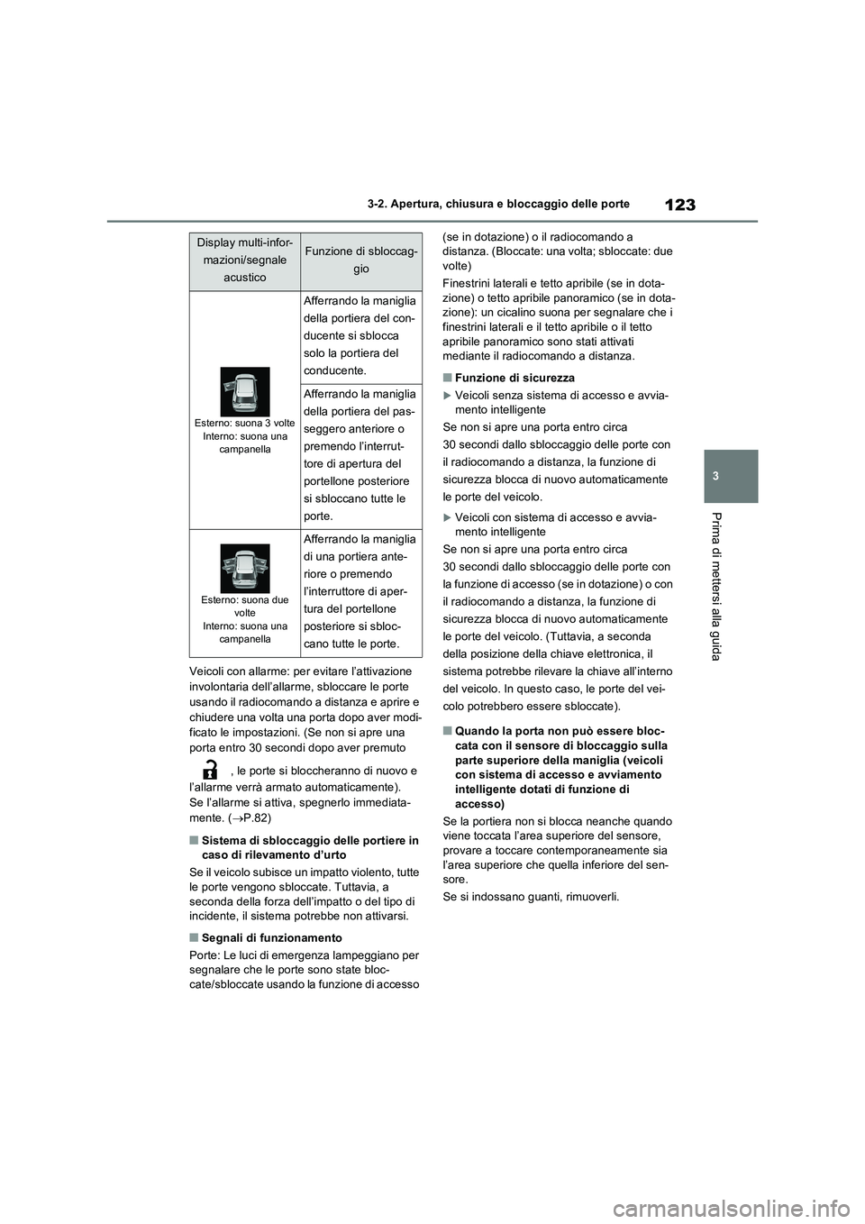TOYOTA RAV4 2022  Manuale duso (in Italian) 123
3 3-2. Apertura, chiusura e bloccaggio delle porte
Prima di mettersi alla guida
Veicoli con allarme: per evitare l’attivazione 
involontaria dell’allarme, sbloccare le porte 
usando il radioco