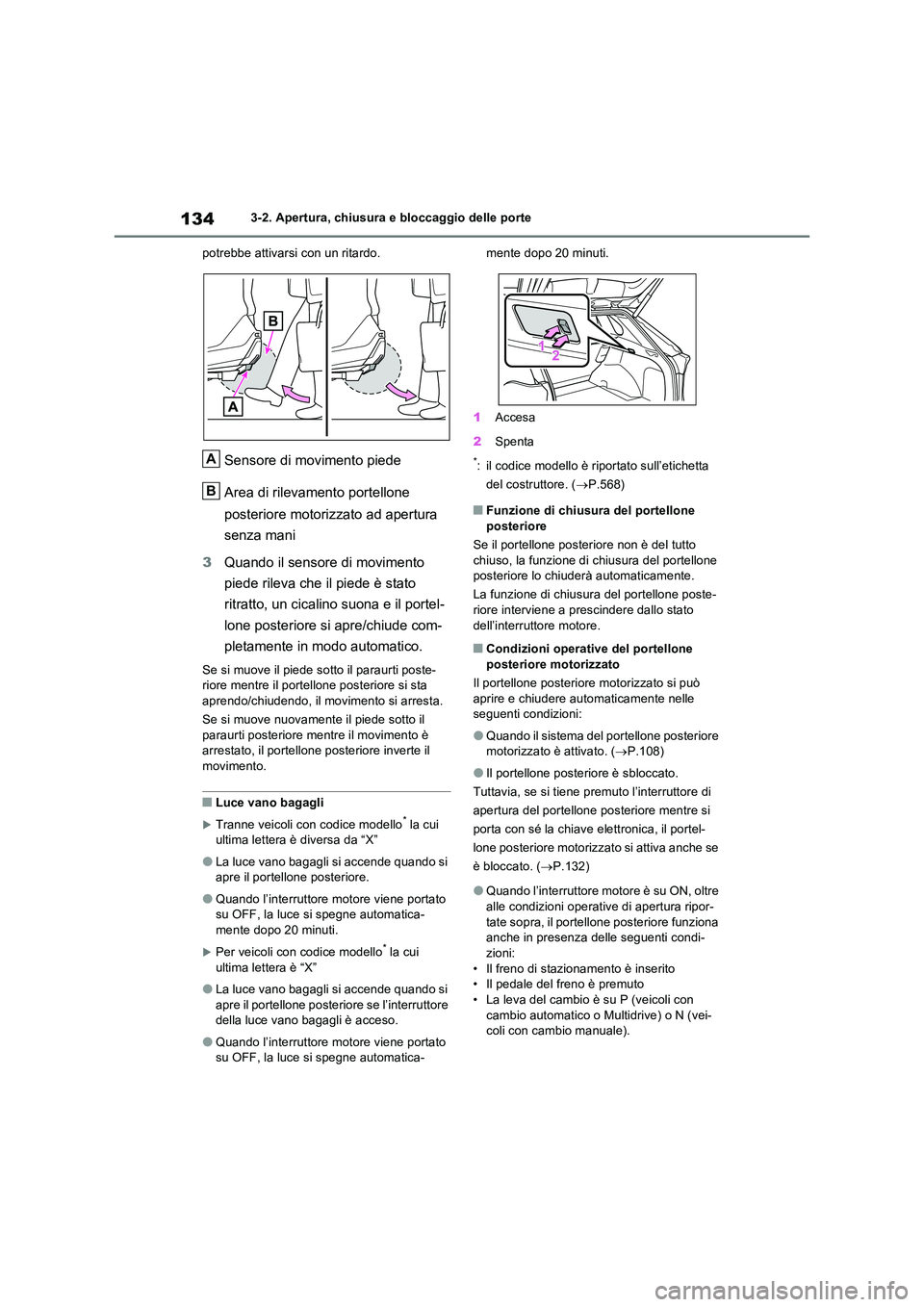 TOYOTA RAV4 2022 Manuale duso (in Italian) 1343-2. Apertura, chiusura e bloccaggio delle porte
potrebbe attivarsi con un ritardo.
Sensore di movimento piede
Area di rilevamento portellone
posteriore motorizzato ad apertura
senza mani
3 TOYOTA RAV4 2022 Manuale duso (in Italian) 1343-2. Apertura, chiusura e bloccaggio delle porte
potrebbe attivarsi con un ritardo.
Sensore di movimento piede
Area di rilevamento portellone
posteriore motorizzato ad apertura
senza mani
3