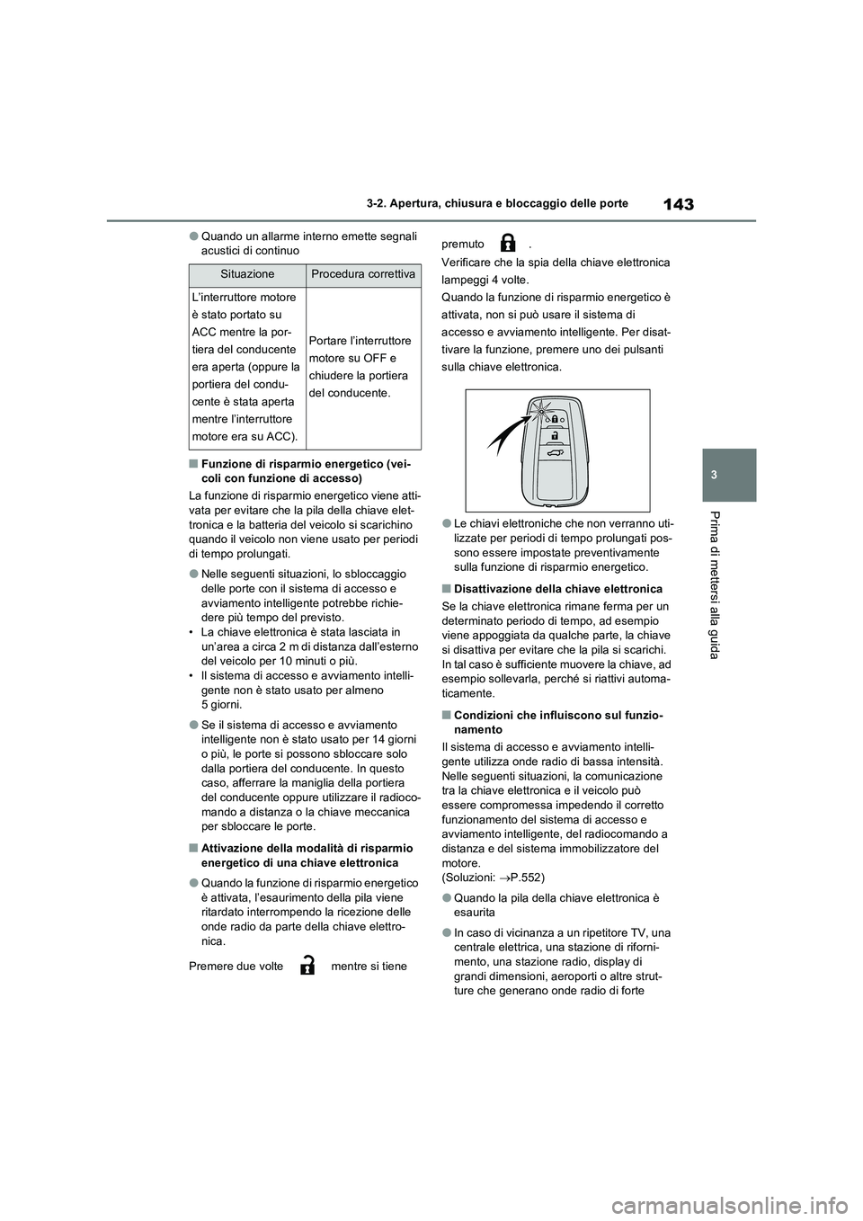TOYOTA RAV4 2022  Manuale duso (in Italian) 143
3 
3-2. Apertura, chiusura e bloccaggio delle porte
Prima di mettersi alla guida
●Quando un allarme interno emette segnali  acustici di continuo
■Funzione di risparmio energetico (vei-coli con