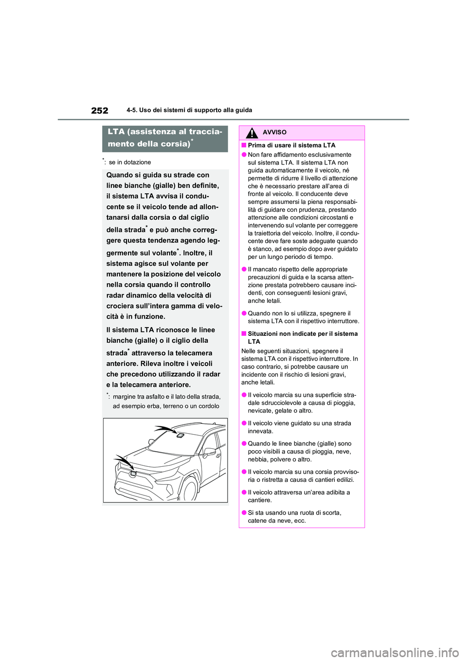 TOYOTA RAV4 2022  Manuale duso (in Italian) 2524-5. Uso dei sistemi di supporto alla guida
*: se in dotazione
LTA (assistenza al traccia- 
mento della corsia)*
Quando si guida su strade con  
linee bianche (gialle) ben definite,  
il sistema LT