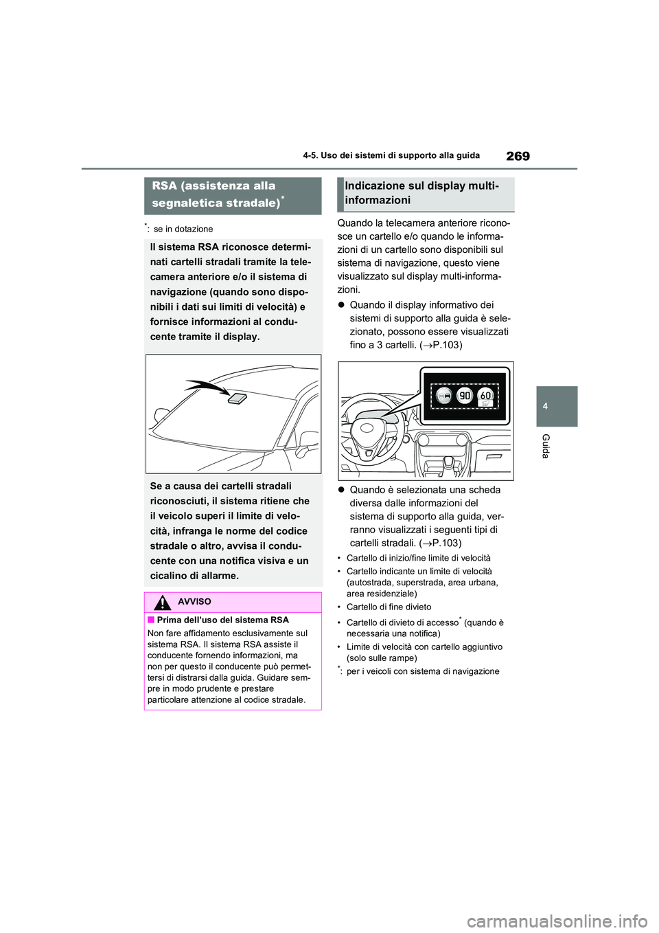 TOYOTA RAV4 2022 Manuale duso (in Italian) 269
4
4-5. Uso dei sistemi di supporto alla guida
Guida
*: se in dotazioneQuando la telecamera anteriore ricono-
sce un cartello e/o quando le informa-
zioni di un cartello sono disponibili sul
sis TOYOTA RAV4 2022 Manuale duso (in Italian) 269
4
4-5. Uso dei sistemi di supporto alla guida
Guida
*: se in dotazioneQuando la telecamera anteriore ricono-
sce un cartello e/o quando le informa-
zioni di un cartello sono disponibili sul
sis