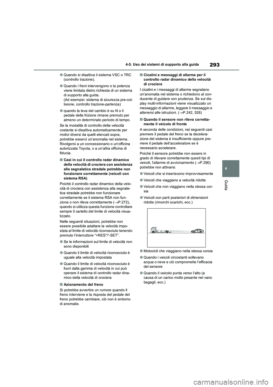 TOYOTA RAV4 2022 Manuale duso (in Italian) 293
4
4-5. Uso dei sistemi di supporto alla guida
Guida
●Quando si disattiva il sistema VSC o TRC (controllo trazione).
●Quando i freni intervengono o la potenza viene limitata dietro richiesta TOYOTA RAV4 2022 Manuale duso (in Italian) 293
4
4-5. Uso dei sistemi di supporto alla guida
Guida
●Quando si disattiva il sistema VSC o TRC (controllo trazione).
●Quando i freni intervengono o la potenza viene limitata dietro richiesta