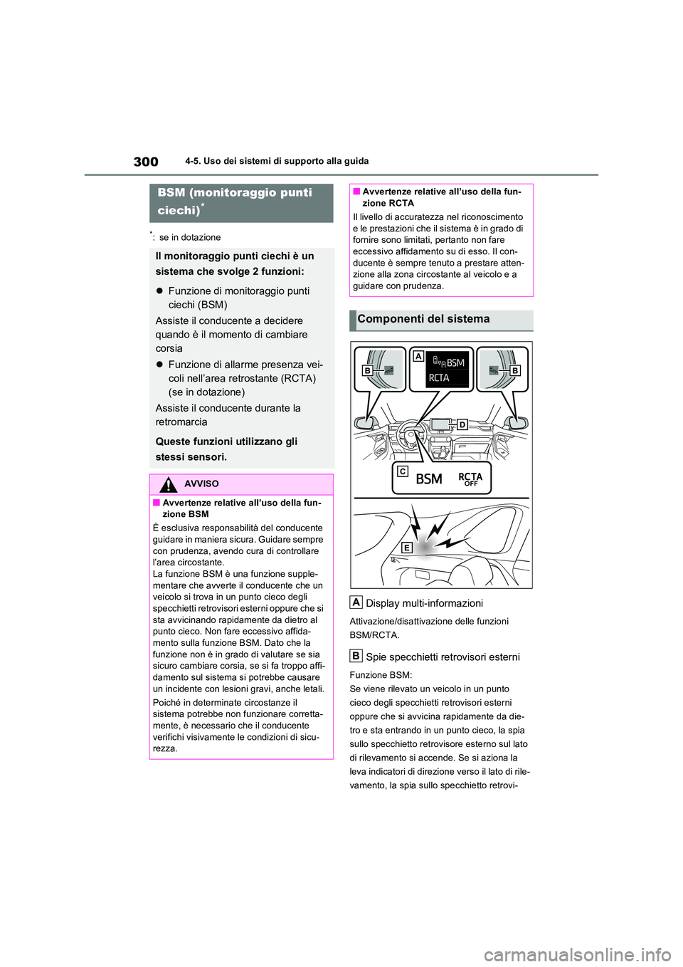 TOYOTA RAV4 2022  Manuale duso (in Italian) 3004-5. Uso dei sistemi di supporto alla guida
*: se in dotazione
Display multi-informazioni
Attivazione/disattivazione delle funzioni  
BSM/RCTA.
Spie specchietti retrovisori esterni
Funzione BSM:
Se