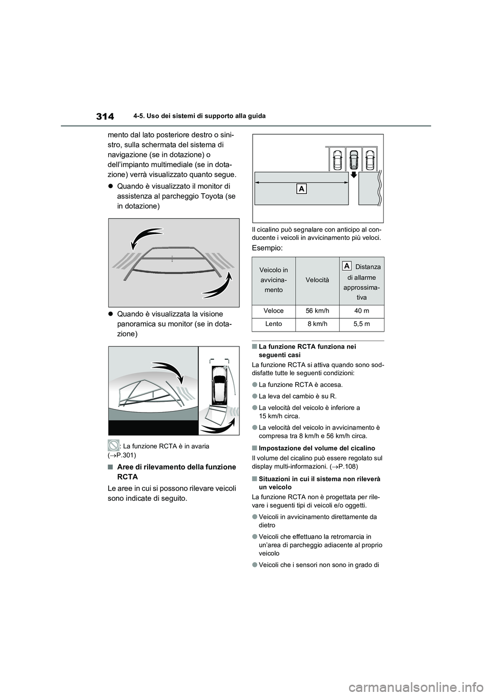 TOYOTA RAV4 2022 Manuale duso (in Italian) 3144-5. Uso dei sistemi di supporto alla guida
mento dal lato posteriore destro o sini-
stro, sulla schermata del sistema di
navigazione (se in dotazione) o
dell’impianto multimediale (se in dota- TOYOTA RAV4 2022 Manuale duso (in Italian) 3144-5. Uso dei sistemi di supporto alla guida
mento dal lato posteriore destro o sini-
stro, sulla schermata del sistema di
navigazione (se in dotazione) o
dell’impianto multimediale (se in dota-