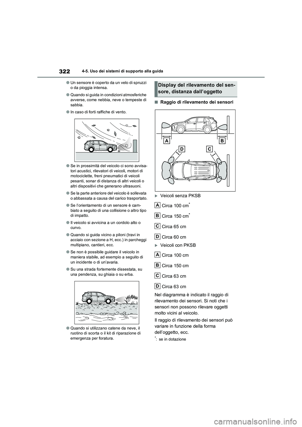 TOYOTA RAV4 2022 Manuale duso (in Italian) 3224-5. Uso dei sistemi di supporto alla guida
●Un sensore è coperto da un velo di spruzzi
o da pioggia intensa.
●Quando si guida in condizioni atmosferiche
avverse, come nebbia, neve o tempest TOYOTA RAV4 2022 Manuale duso (in Italian) 3224-5. Uso dei sistemi di supporto alla guida
●Un sensore è coperto da un velo di spruzzi
o da pioggia intensa.
●Quando si guida in condizioni atmosferiche
avverse, come nebbia, neve o tempest