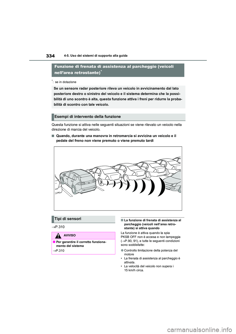 TOYOTA RAV4 2022 Manuale duso (in Italian) 3344-5. Uso dei sistemi di supporto alla guida
*: se in dotazione
Questa funzione si attiva nelle seguenti situazioni se viene rilevato un veicolo nella
direzione di marcia del veicolo.
■Quando, d TOYOTA RAV4 2022 Manuale duso (in Italian) 3344-5. Uso dei sistemi di supporto alla guida
*: se in dotazione
Questa funzione si attiva nelle seguenti situazioni se viene rilevato un veicolo nella
direzione di marcia del veicolo.
■Quando, d