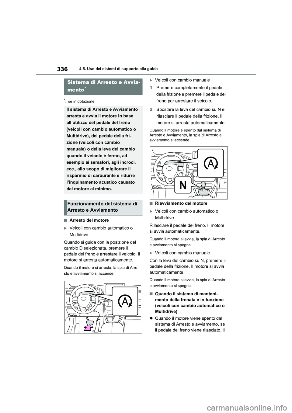 TOYOTA RAV4 2022 Manuale duso (in Italian) 3364-5. Uso dei sistemi di supporto alla guida
*: se in dotazione
■Arresto del motore
Veicoli con cambio automatico o
Multidrive
Quando si guida con la posizione del
cambio D selezionata, preme TOYOTA RAV4 2022 Manuale duso (in Italian) 3364-5. Uso dei sistemi di supporto alla guida
*: se in dotazione
■Arresto del motore
Veicoli con cambio automatico o
Multidrive
Quando si guida con la posizione del
cambio D selezionata, preme