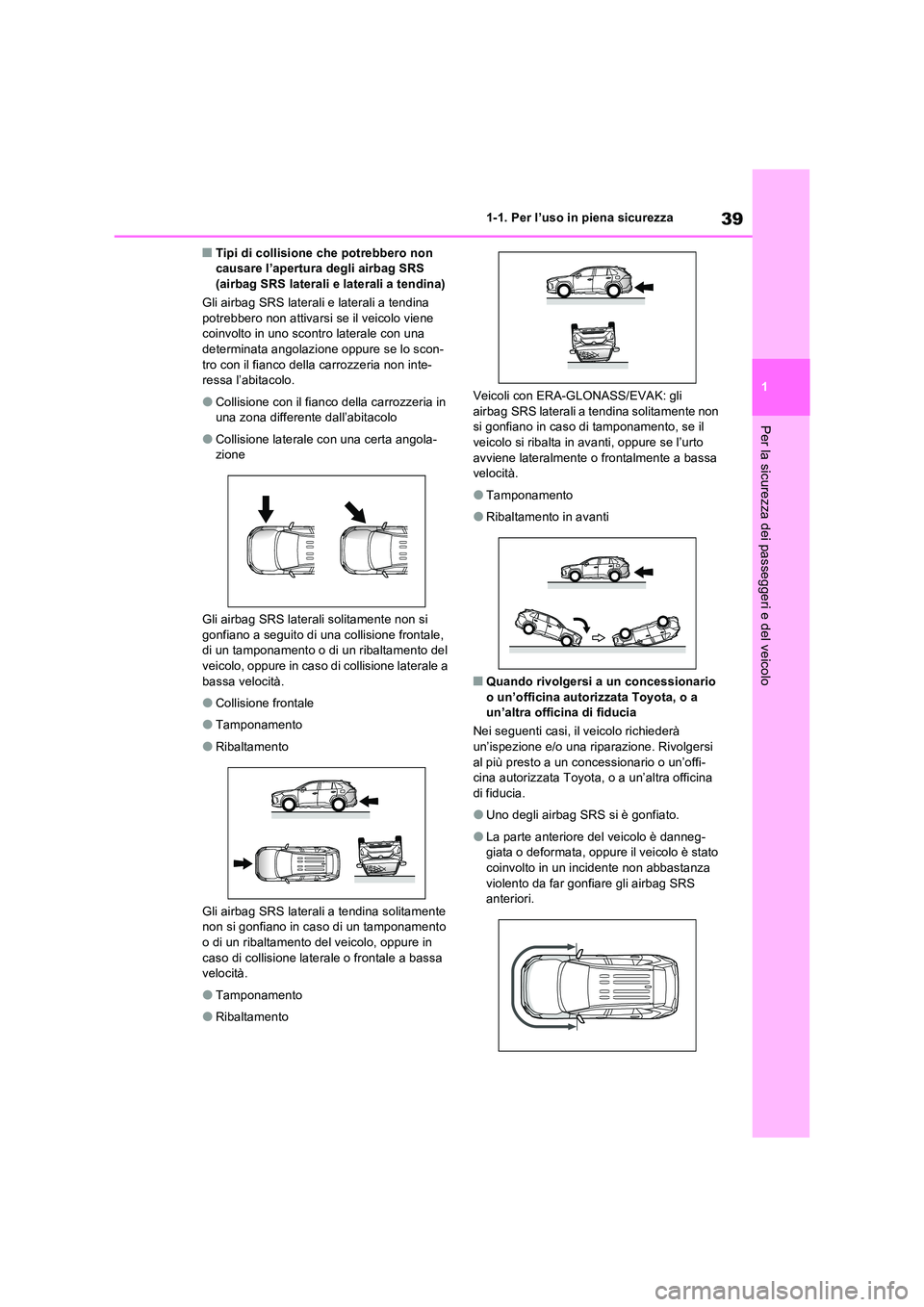TOYOTA RAV4 2022 Manuale duso (in Italian) 39
1
1-1. Per l’uso in piena sicurezza
Per la sicurezza dei passeggeri e del veicolo
■Tipi di collisione che potrebbero non causare l’apertura degli airbag SRS (airbag SRS laterali e laterali TOYOTA RAV4 2022 Manuale duso (in Italian) 39
1
1-1. Per l’uso in piena sicurezza
Per la sicurezza dei passeggeri e del veicolo
■Tipi di collisione che potrebbero non causare l’apertura degli airbag SRS (airbag SRS laterali e laterali