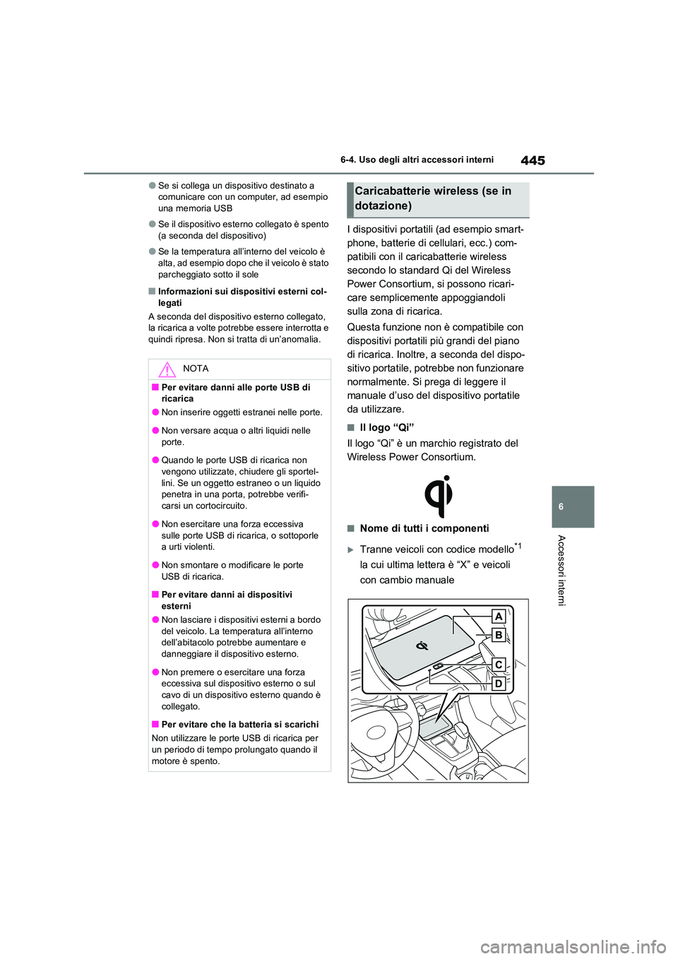 TOYOTA RAV4 2022 Manuale duso (in Italian) 445
6
6-4. Uso degli altri accessori interni
Accessori interni
●Se si collega un dispositivo destinato a comunicare con un computer, ad esempio una memoria USB
●Se il dispositivo esterno collega TOYOTA RAV4 2022 Manuale duso (in Italian) 445
6
6-4. Uso degli altri accessori interni
Accessori interni
●Se si collega un dispositivo destinato a comunicare con un computer, ad esempio una memoria USB
●Se il dispositivo esterno collega