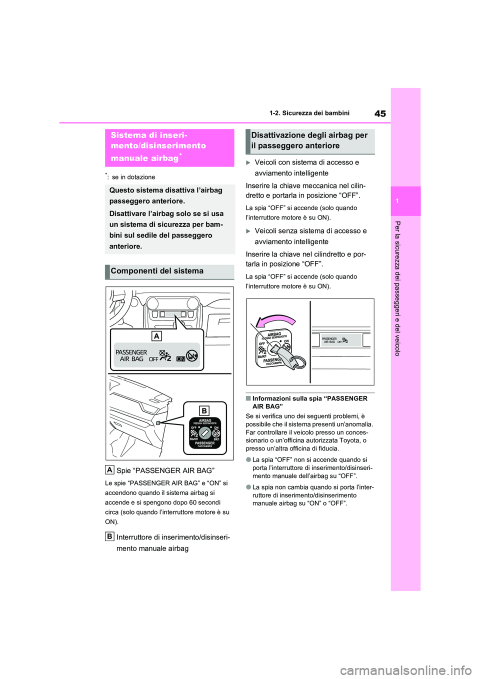 TOYOTA RAV4 2022 Manuale duso (in Italian) 45
1
1-2. Sicurezza dei bambini
Per la sicurezza dei passeggeri e del veicolo
1-2.Sicure zza de i bambini
*: se in dotazione
Spie “PASSENGER AIR BAG”
Le spie “PASSENGER AIR BAG” e “ON” TOYOTA RAV4 2022 Manuale duso (in Italian) 45
1
1-2. Sicurezza dei bambini
Per la sicurezza dei passeggeri e del veicolo
1-2.Sicure zza de i bambini
*: se in dotazione
Spie “PASSENGER AIR BAG”
Le spie “PASSENGER AIR BAG” e “ON”