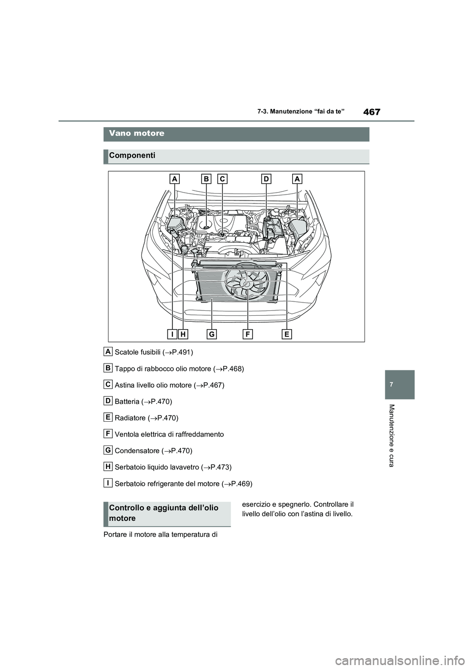 TOYOTA RAV4 2022 Manuale duso (in Italian) 467
7 7-3. Manutenzione “fai da te”
Manutenzione e cura
Scatole fusibili (P.491)
Tappo di rabbocco olio motore (P.468)
Astina livello olio motore (P.467)
Batteria (P.470)
Radiatore ( TOYOTA RAV4 2022 Manuale duso (in Italian) 467
7 7-3. Manutenzione “fai da te”
Manutenzione e cura
Scatole fusibili (P.491)
Tappo di rabbocco olio motore (P.468)
Astina livello olio motore (P.467)
Batteria (P.470)
Radiatore (